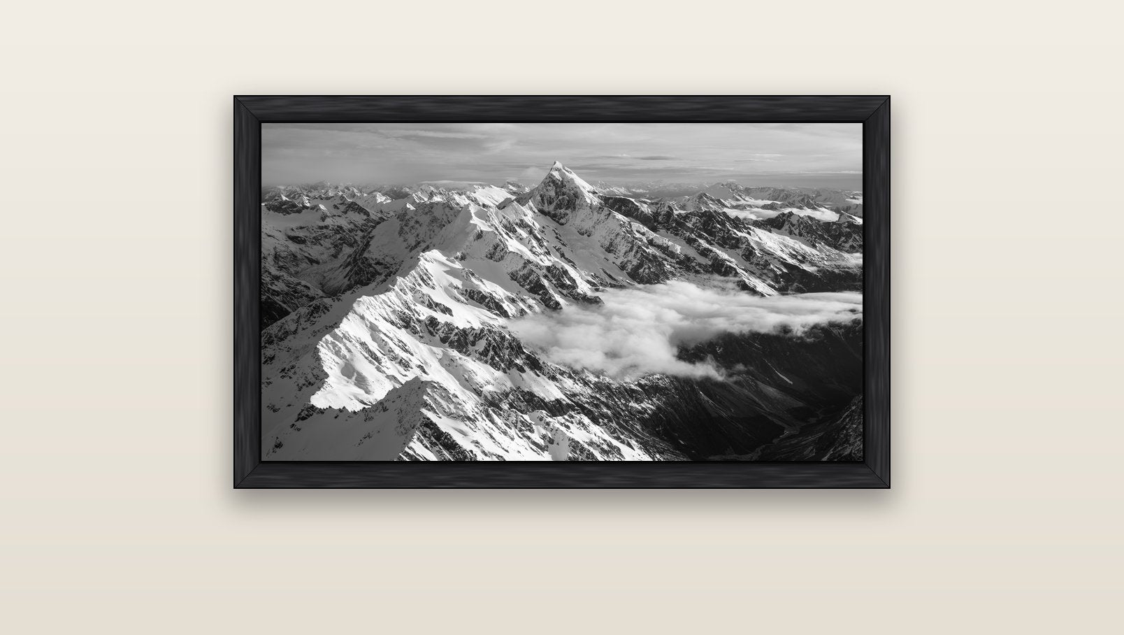 Majestic Reverie, Mount Sefton's Sunset Serenade — black float frame canvas, 91 × 51 cm. New Zealand fine art landscape wall art by Stephen Milner.