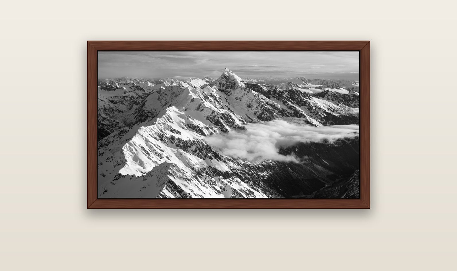 Majestic Reverie, Mount Sefton's Sunset Serenade — brown float frame canvas, 102 × 56 cm. New Zealand fine art landscape wall art by Stephen Milner.