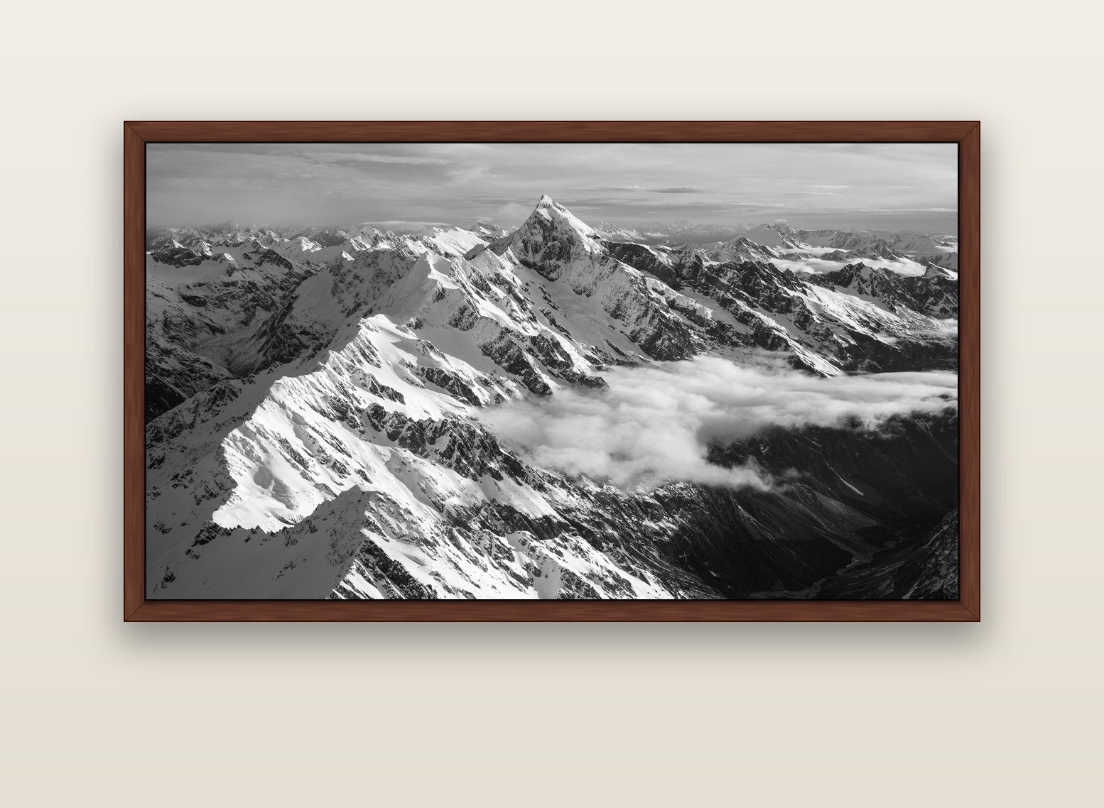 Majestic Reverie, Mount Sefton's Sunset Serenade — brown float frame canvas, 152 × 86 cm. New Zealand fine art landscape wall art by Stephen Milner.