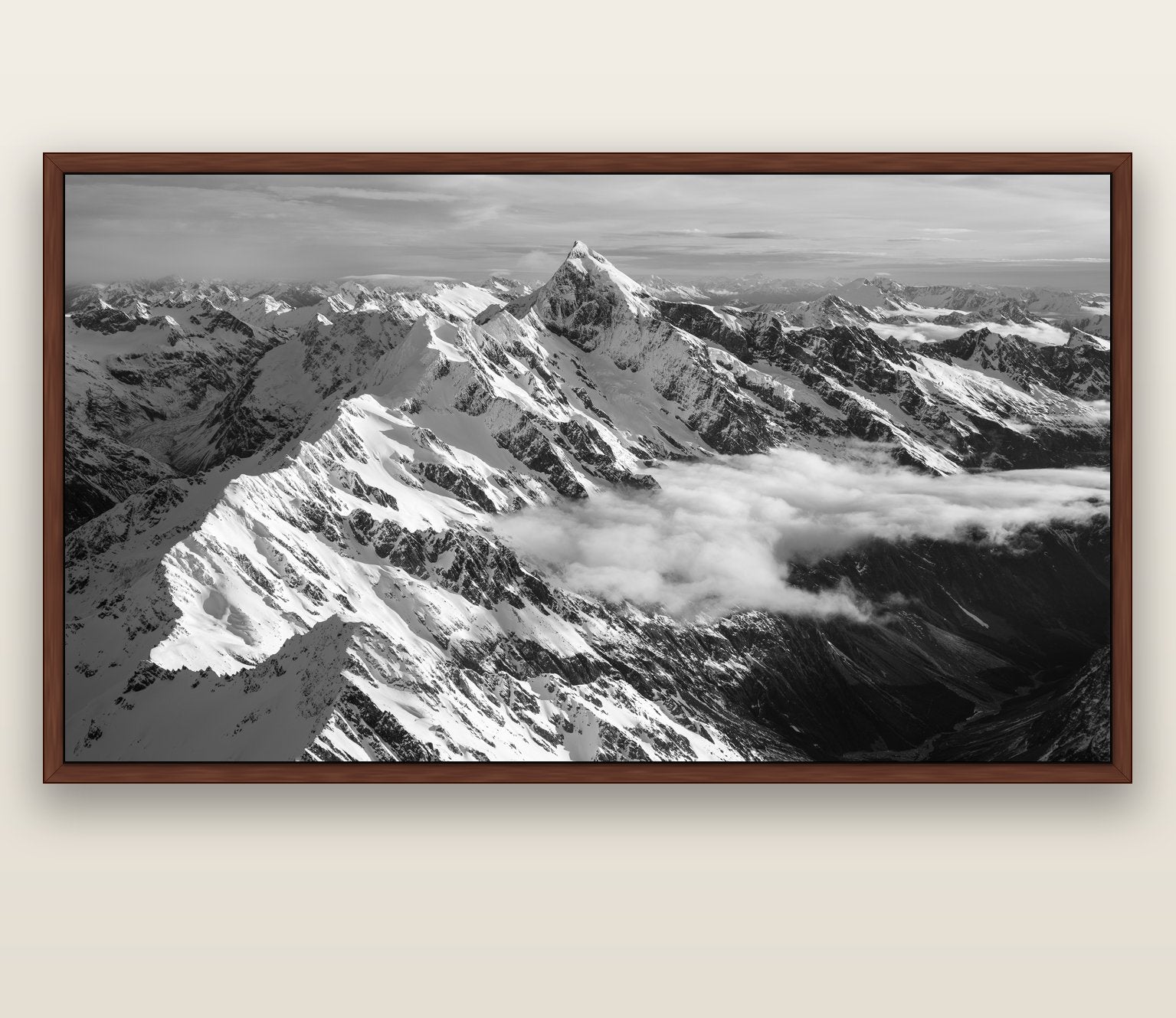 Majestic Reverie, Mount Sefton's Sunset Serenade — brown float frame canvas, 200 × 130 cm. New Zealand fine art landscape wall art by Stephen Milner.