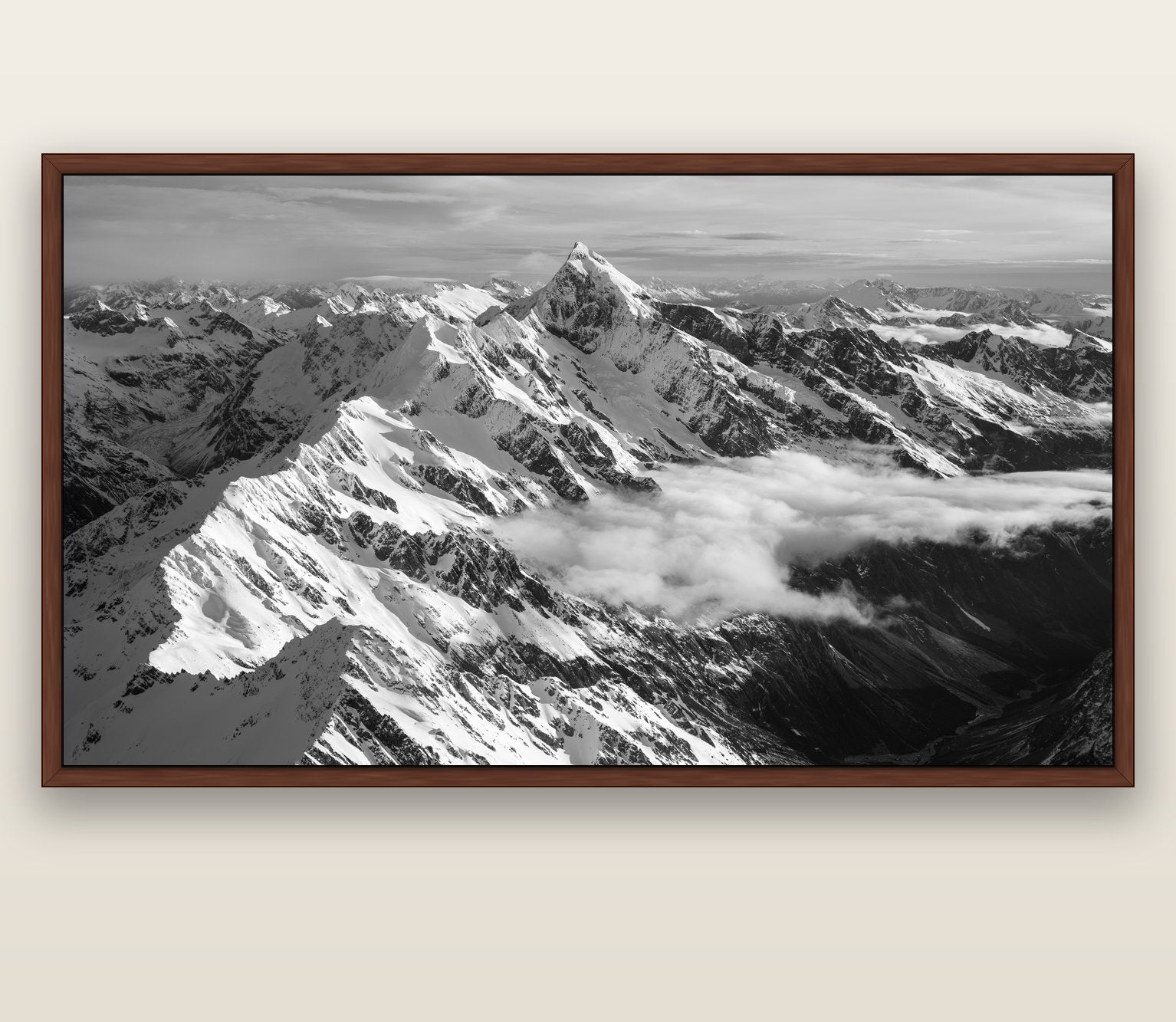Majestic Reverie, Mount Sefton's Sunset Serenade — brown float frame canvas, 201 × 99 cm. New Zealand fine art landscape wall art by Stephen Milner.