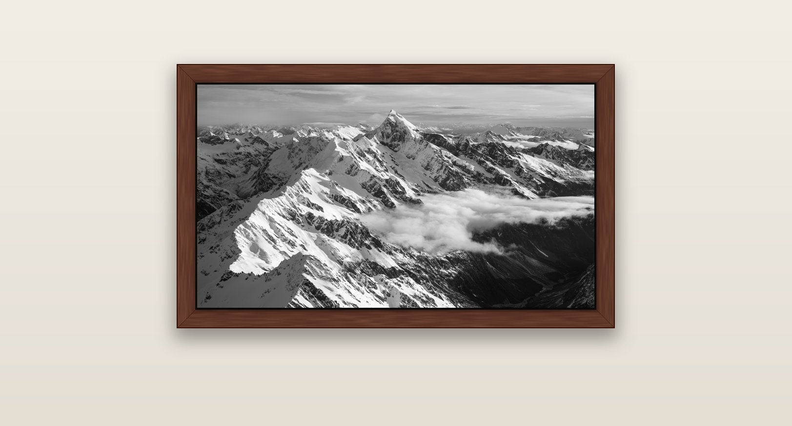 Majestic Reverie, Mount Sefton's Sunset Serenade — brown float frame canvas, 81 × 46 cm. New Zealand fine art landscape wall art by Stephen Milner.