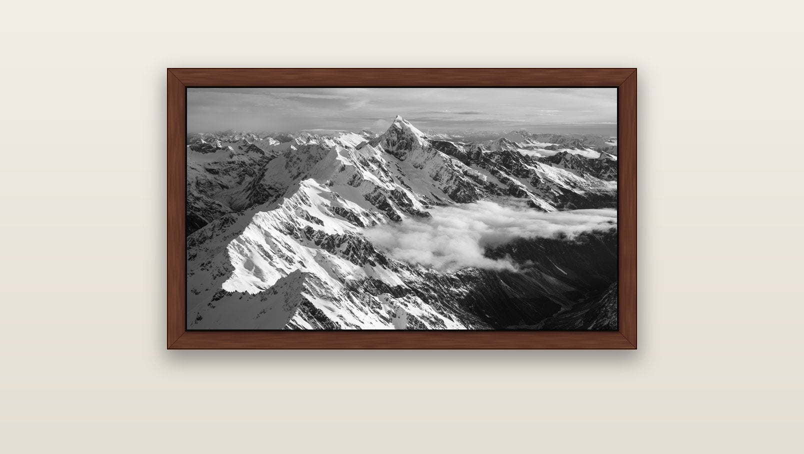 Majestic Reverie, Mount Sefton's Sunset Serenade — brown float frame canvas, 91 × 51 cm. New Zealand fine art landscape wall art by Stephen Milner.