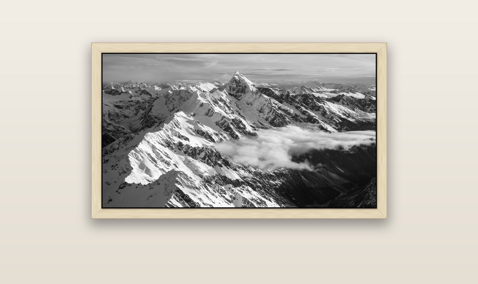 Majestic Reverie, Mount Sefton's Sunset Serenade — natural float frame canvas, 102 × 56 cm. New Zealand fine art landscape wall art by Stephen Milner.