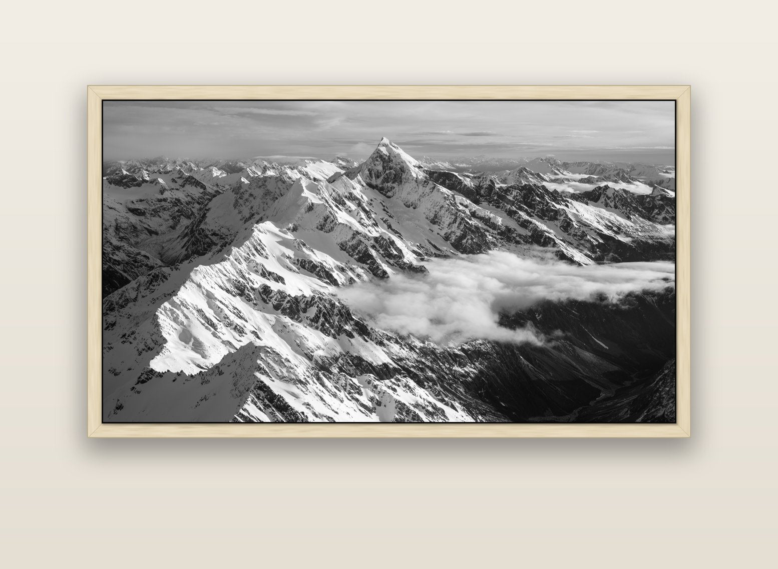 Majestic Reverie, Mount Sefton's Sunset Serenade — natural float frame canvas, 152 × 86 cm. New Zealand fine art landscape wall art by Stephen Milner.