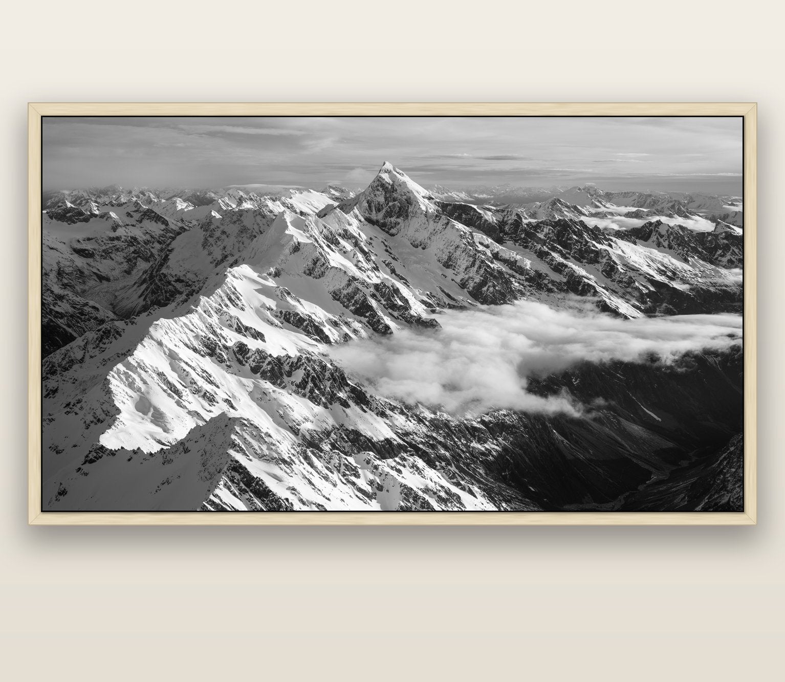 Majestic Reverie, Mount Sefton's Sunset Serenade — natural float frame canvas, 201 × 99 cm. New Zealand fine art landscape wall art by Stephen Milner.