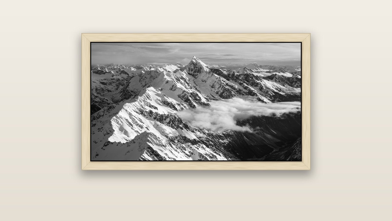 Majestic Reverie, Mount Sefton's Sunset Serenade — natural float frame canvas, 91 × 51 cm. New Zealand fine art landscape wall art by Stephen Milner.