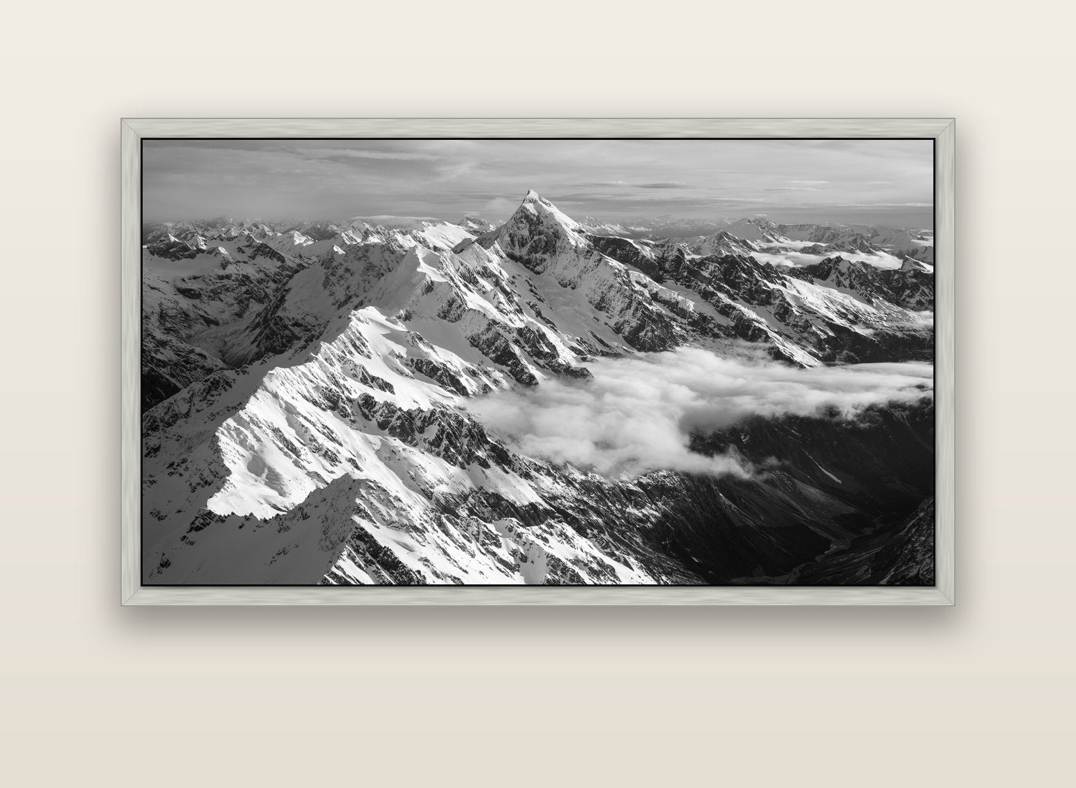 Majestic Reverie, Mount Sefton's Sunset Serenade — silver float frame canvas, 152 × 86 cm. New Zealand fine art landscape wall art by Stephen Milner.