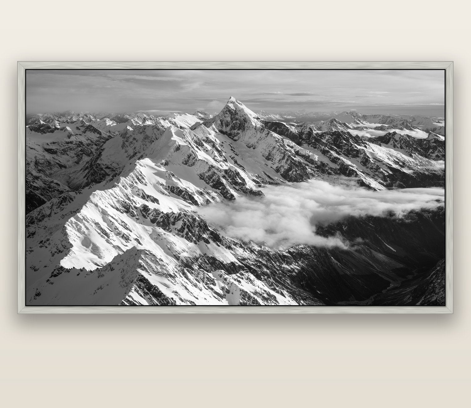 Majestic Reverie, Mount Sefton's Sunset Serenade — silver float frame canvas, 200 × 130 cm. New Zealand fine art landscape wall art by Stephen Milner.