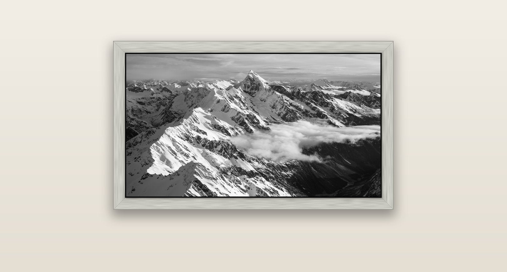 Majestic Reverie, Mount Sefton's Sunset Serenade — silver float frame canvas, 81 × 46 cm. New Zealand fine art landscape wall art by Stephen Milner.