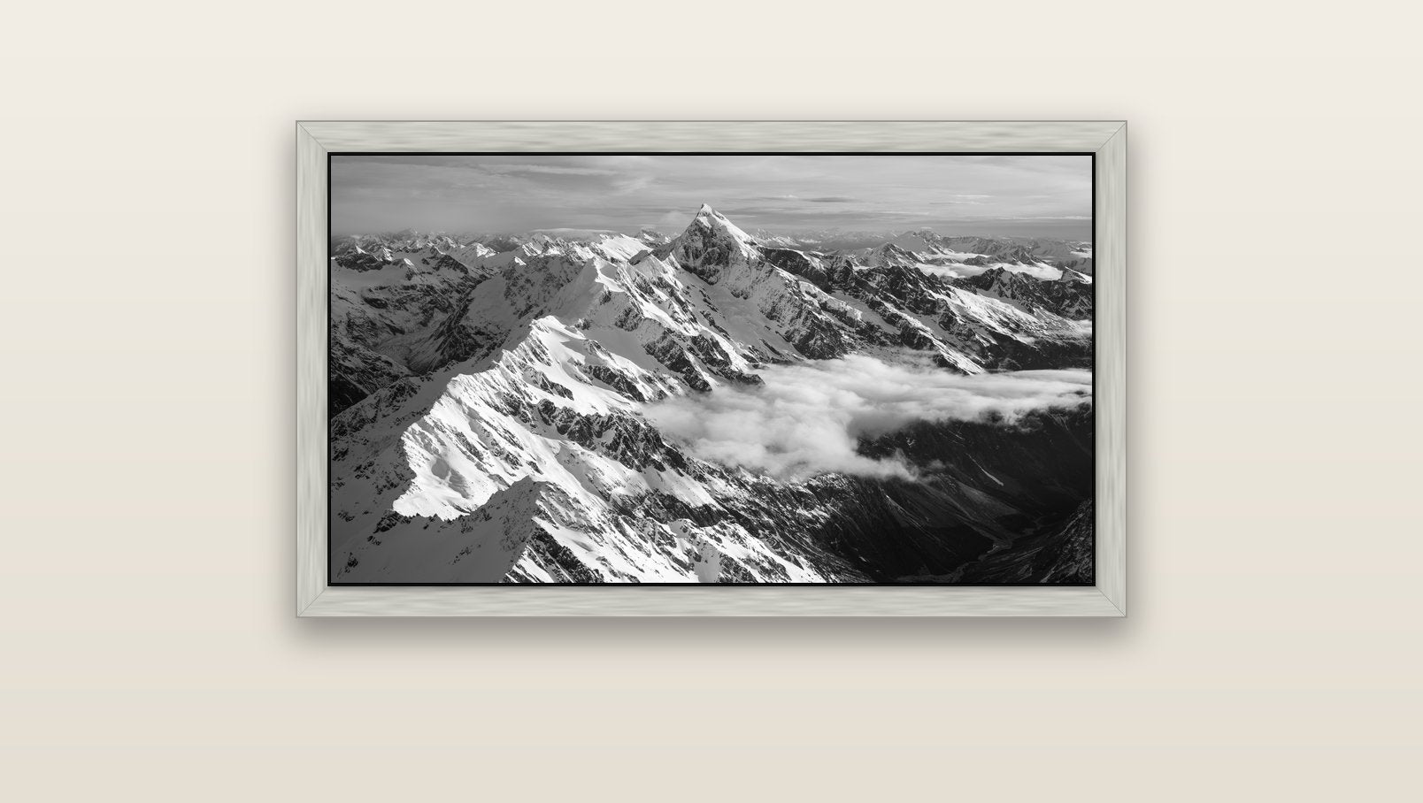 Majestic Reverie, Mount Sefton's Sunset Serenade — silver float frame canvas, 91 × 51 cm. New Zealand fine art landscape wall art by Stephen Milner.