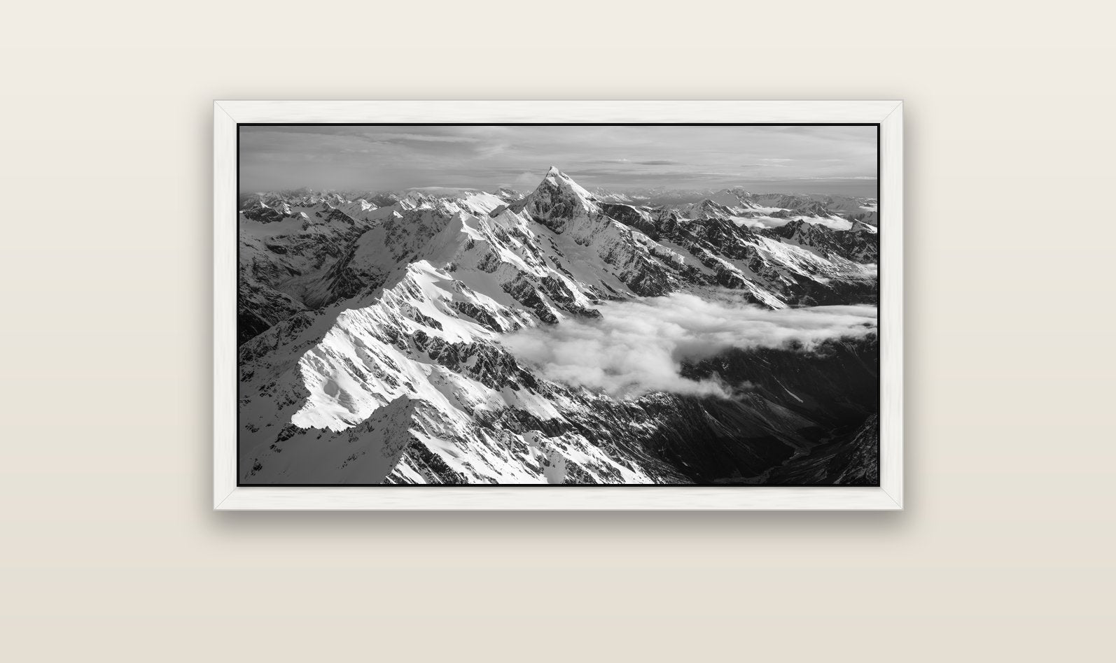 Majestic Reverie, Mount Sefton's Sunset Serenade — white float frame canvas, 102 × 56 cm. New Zealand fine art landscape wall art by Stephen Milner.