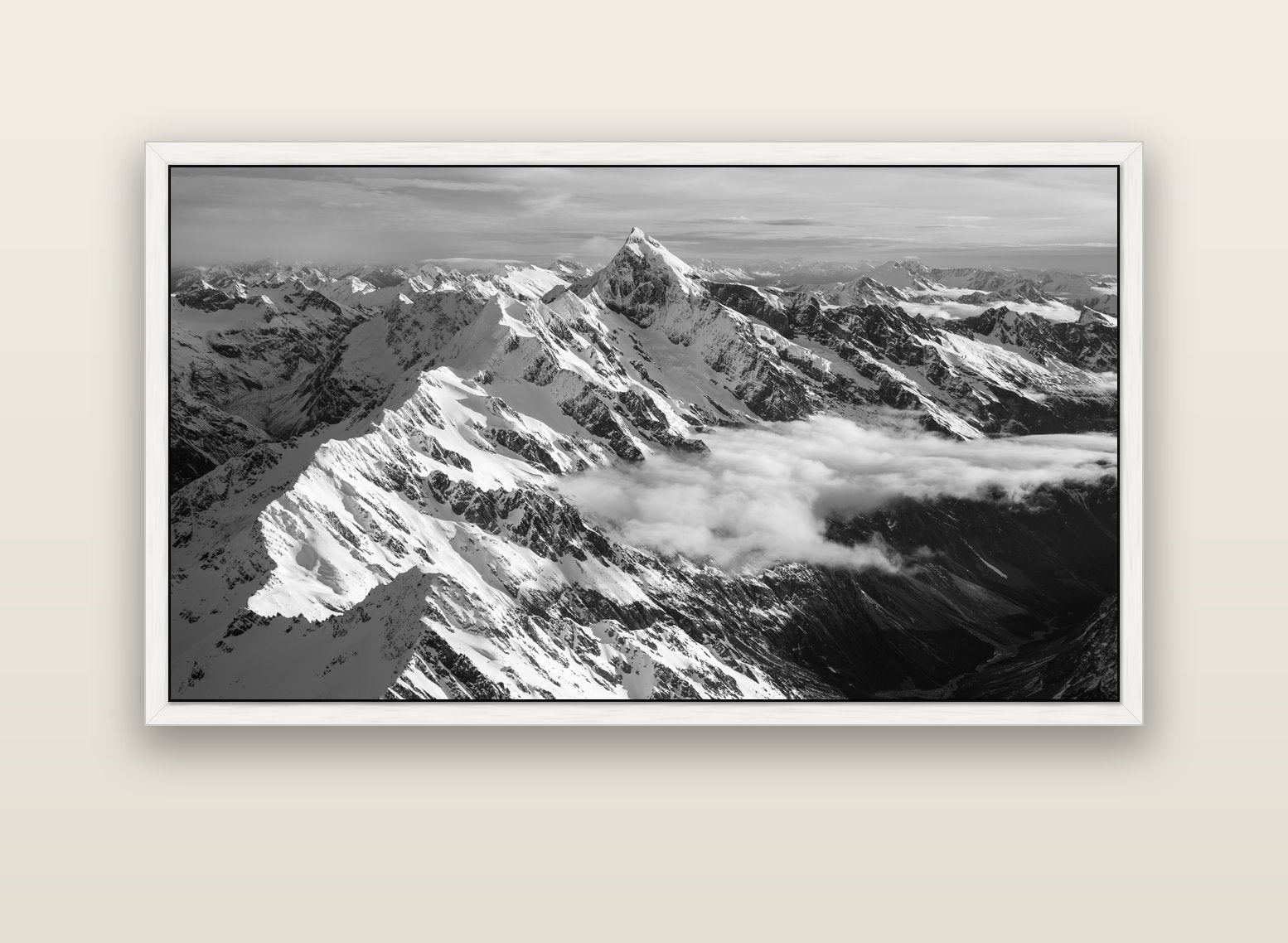 Majestic Reverie, Mount Sefton's Sunset Serenade — white float frame canvas, 152 × 86 cm. New Zealand fine art landscape wall art by Stephen Milner.