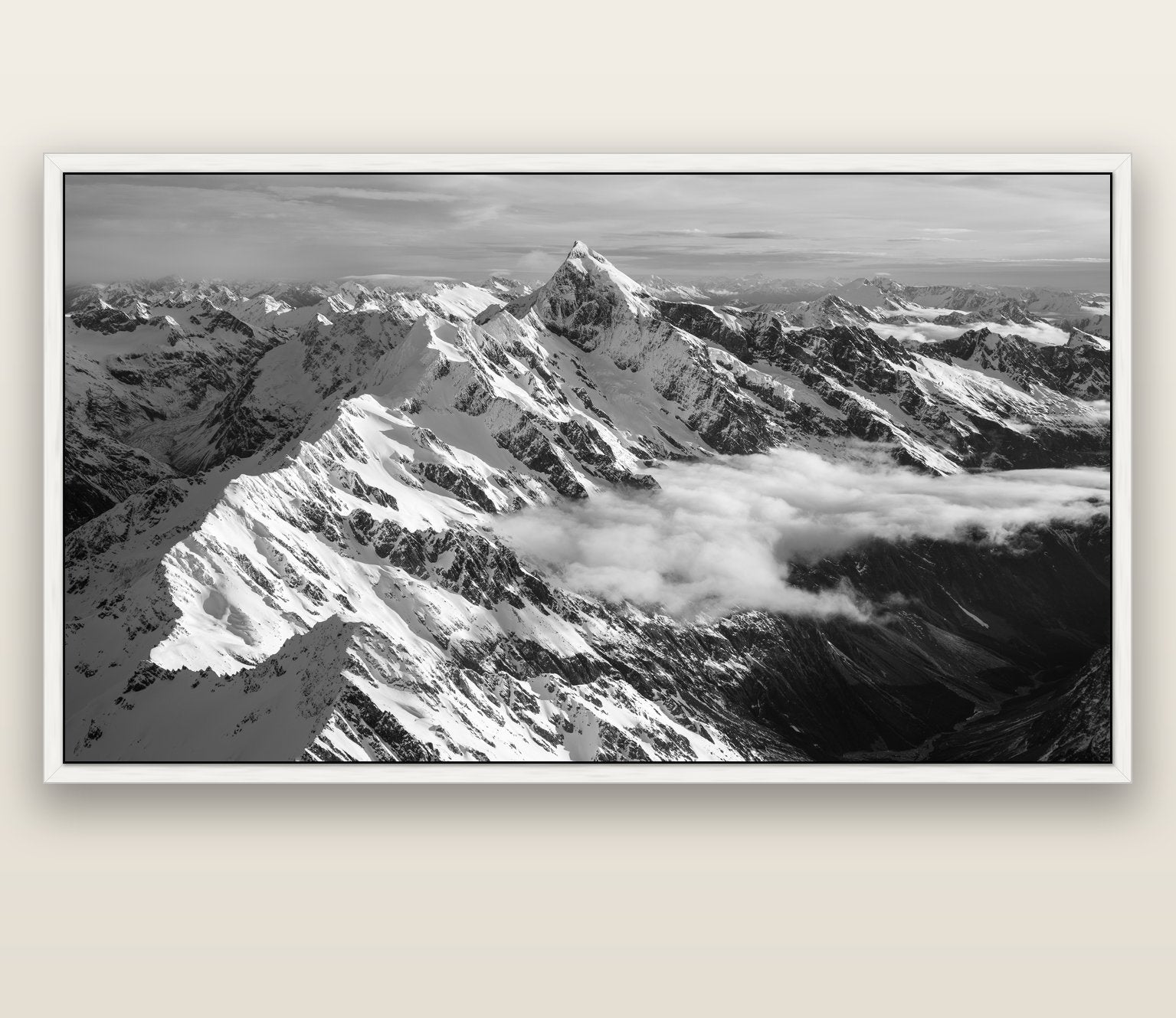 Majestic Reverie, Mount Sefton's Sunset Serenade — white float frame canvas, 200 × 130 cm. New Zealand fine art landscape wall art by Stephen Milner.