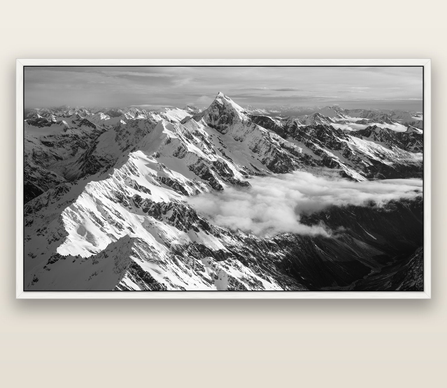 Majestic Reverie, Mount Sefton's Sunset Serenade — white float frame canvas, 201 × 99 cm. New Zealand fine art landscape wall art by Stephen Milner.