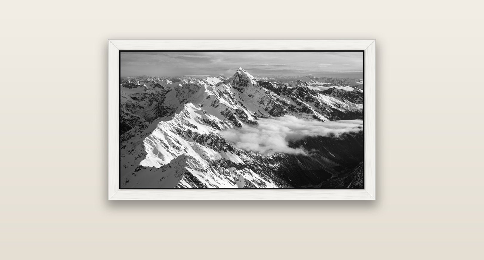 Majestic Reverie, Mount Sefton's Sunset Serenade — white float frame canvas, 81 × 46 cm. New Zealand fine art landscape wall art by Stephen Milner.