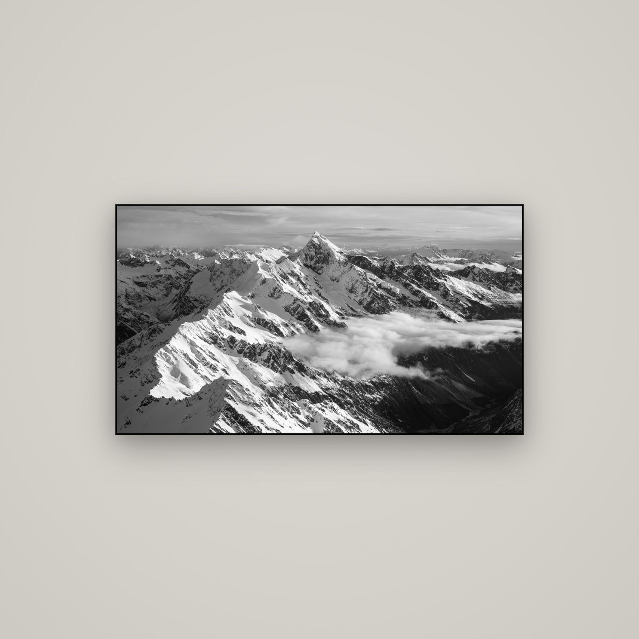 Majestic Reverie, Mount Sefton's Sunset Serenade — Slimline Black, 107×60 cm. New Zealand fine art wall art by Stephen Milner.