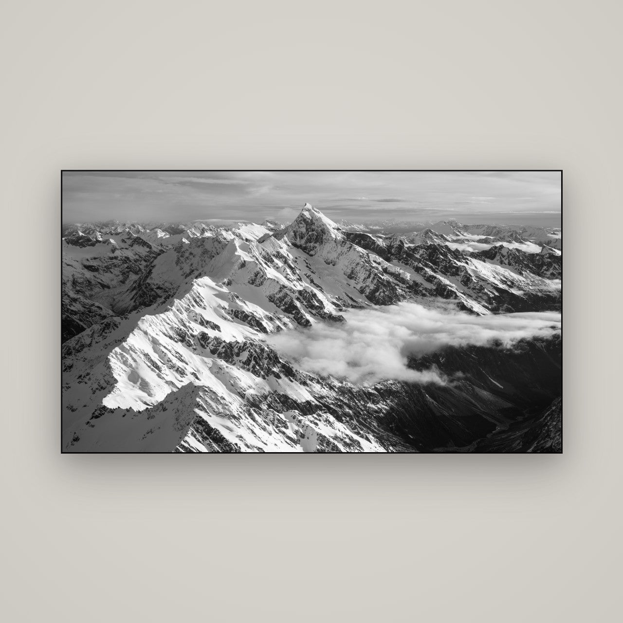 Majestic Reverie, Mount Sefton's Sunset Serenade — Slimline Black, 160×90 cm. New Zealand fine art wall art by Stephen Milner.