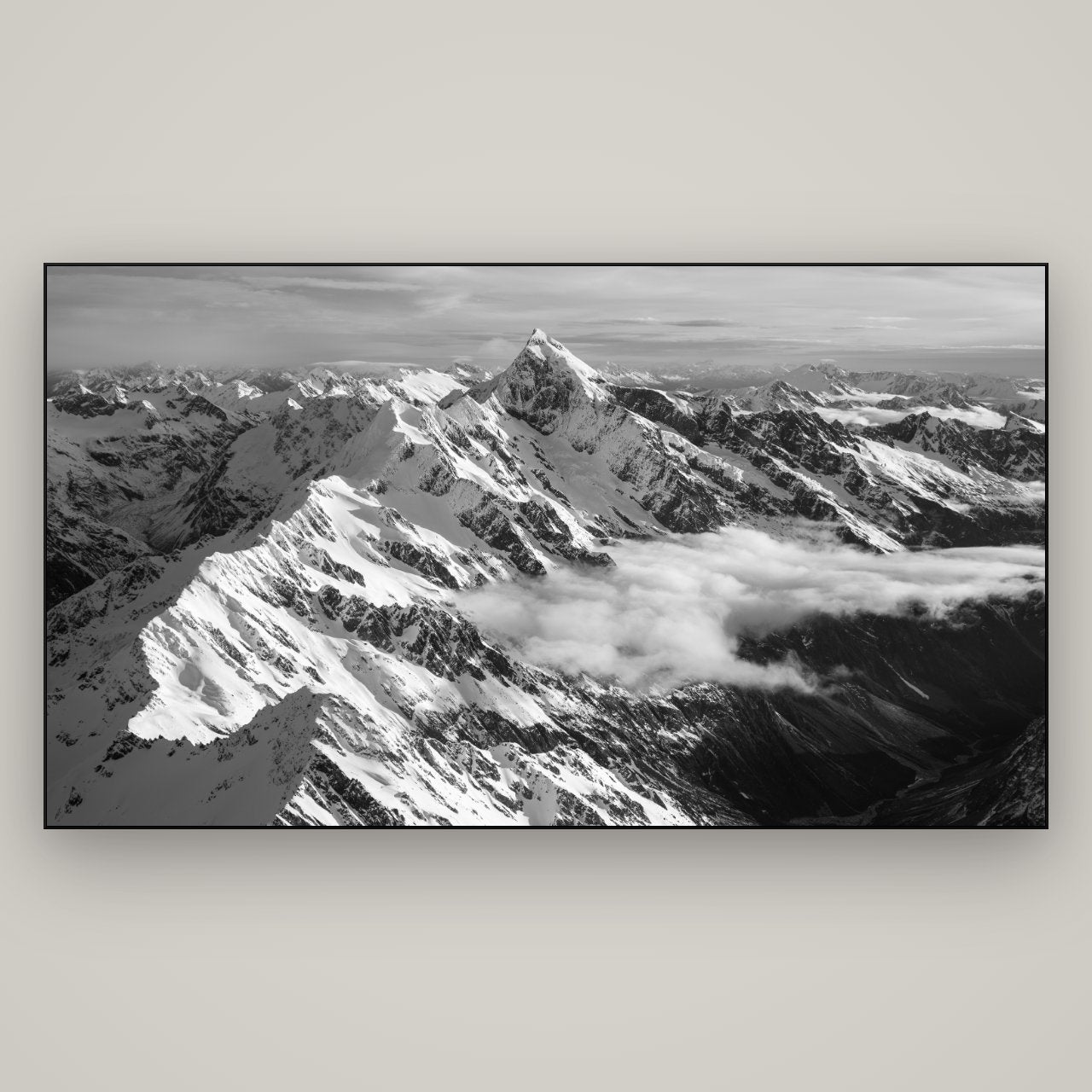 Majestic Reverie, Mount Sefton's Sunset Serenade — Slimline Black, 196×110 cm. New Zealand fine art wall art by Stephen Milner.