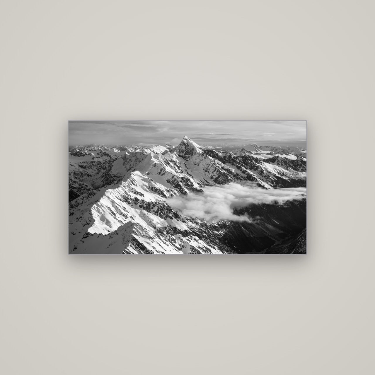 Majestic Reverie, Mount Sefton's Sunset Serenade — Slimline Silver, 107×60 cm. New Zealand fine art wall art by Stephen Milner.