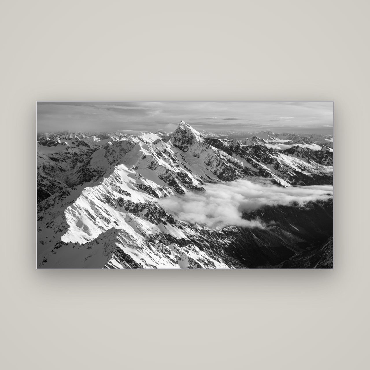 Majestic Reverie, Mount Sefton's Sunset Serenade — Slimline Silver, 160×90 cm. New Zealand fine art wall art by Stephen Milner.