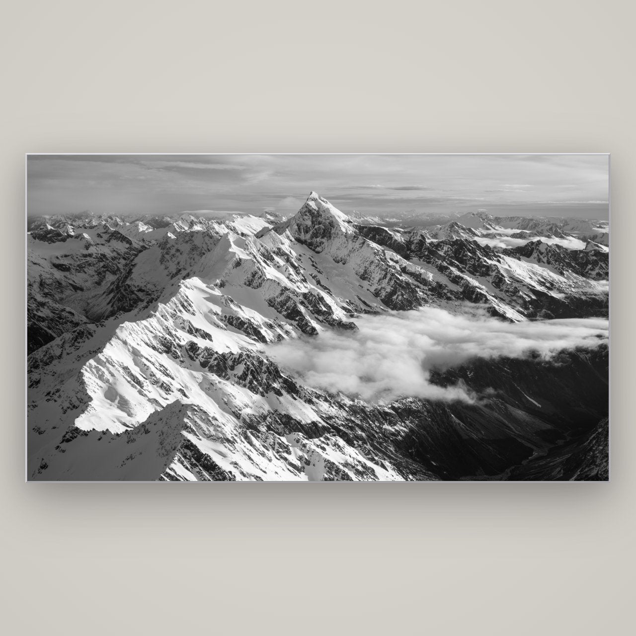 Majestic Reverie, Mount Sefton's Sunset Serenade — Slimline Silver, 196×110 cm. New Zealand fine art wall art by Stephen Milner.
