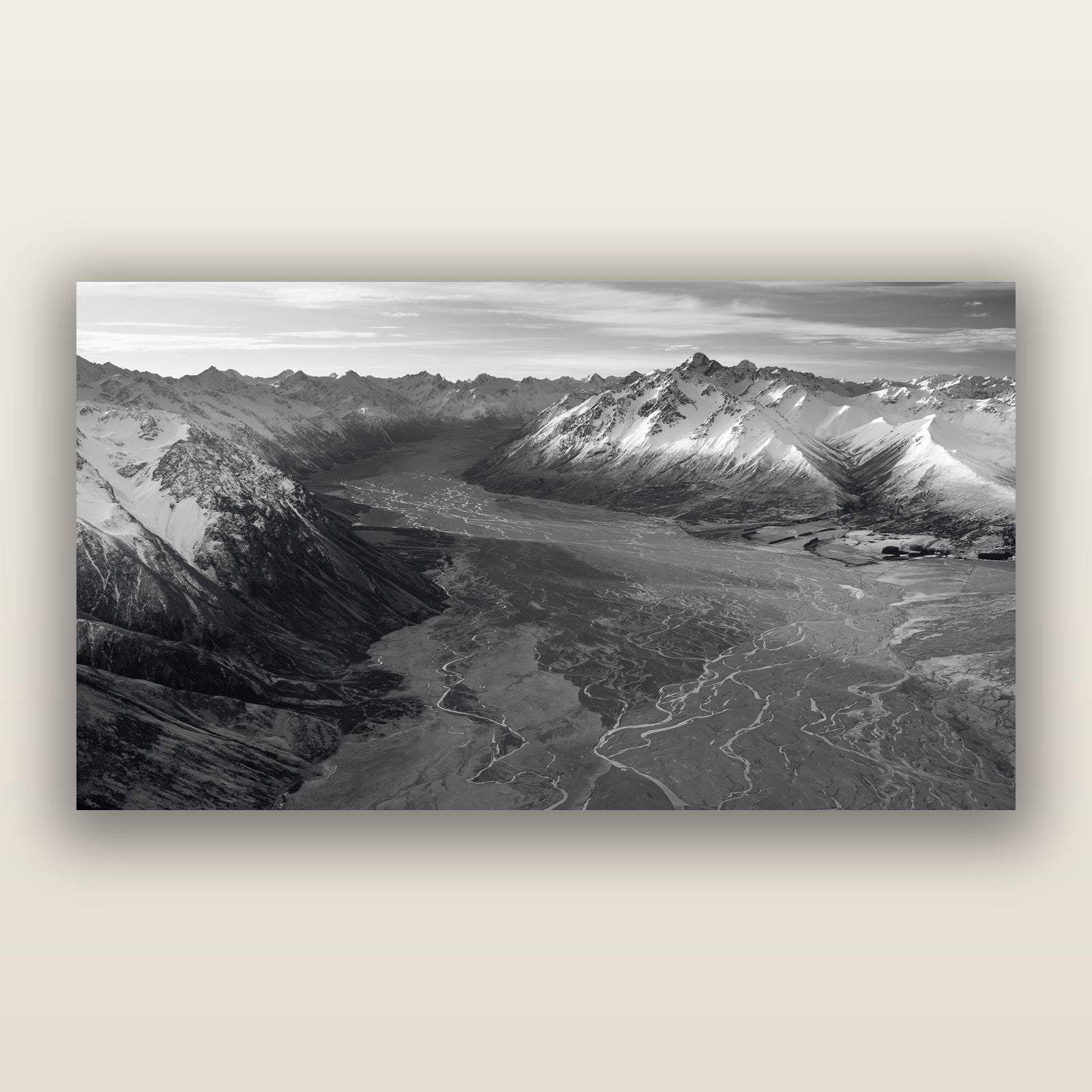 Majestic Solitude, Godley Valley's Embrace, black and white frameless acrylic glass print. New Zealand fine art photography by Stephen Milner.