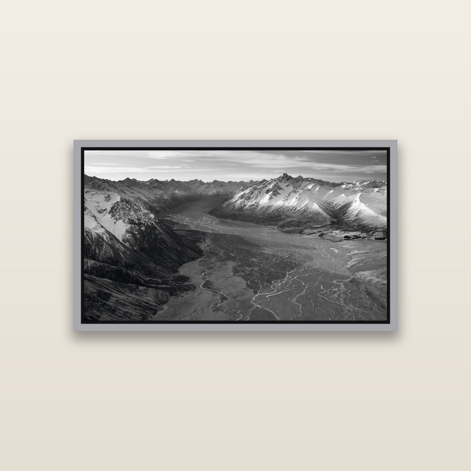Majestic Solitude, Godley Valley's Embrace — Antique Silver framed metallic canvas print, small 81 × 46 cm. New Zealand fine art landscape wall art by Stephen Milner.