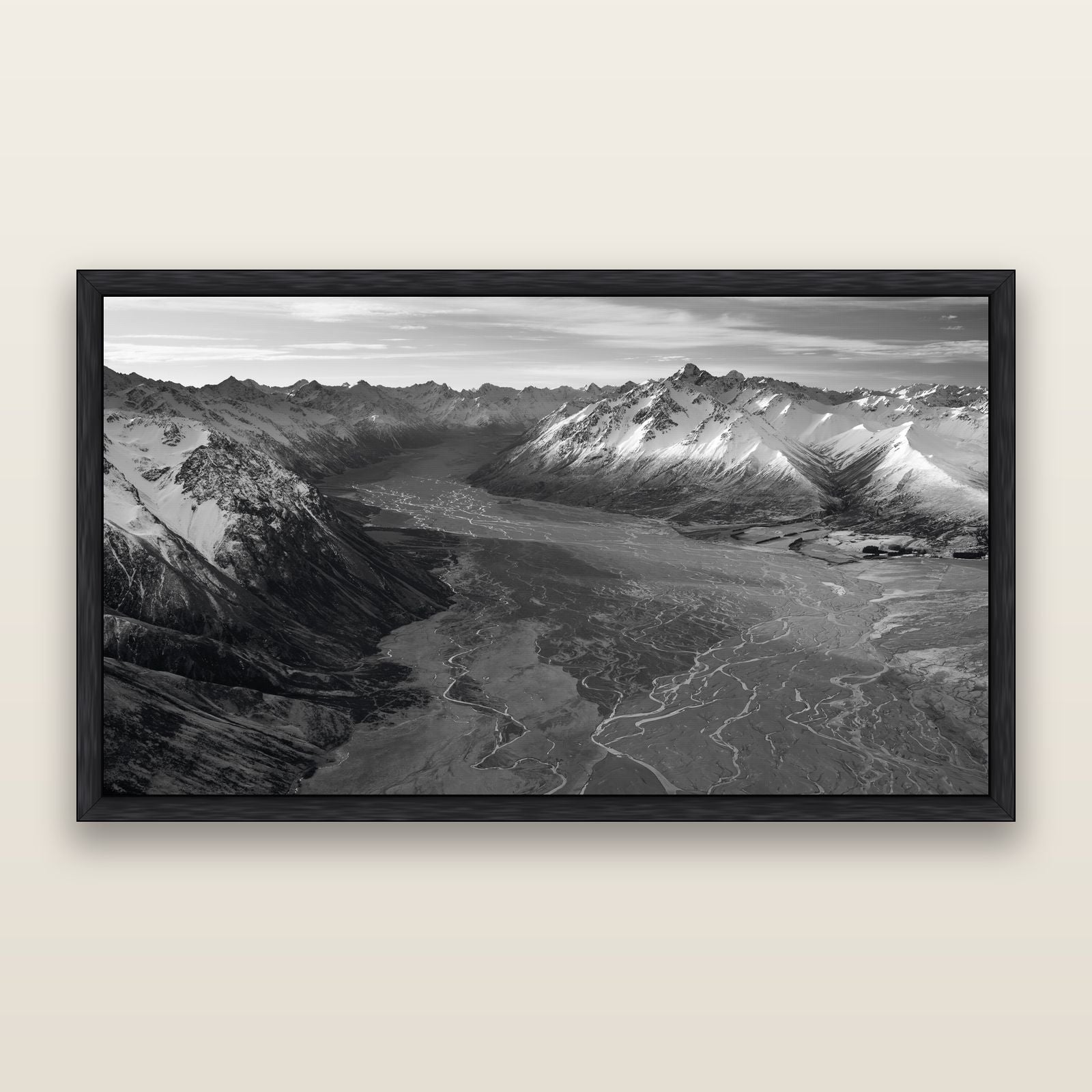 Majestic Solitude, Godley Valley's Embrace, black and white framed metallic canvas print, Black frame. New Zealand fine art wall art by Stephen Milner.