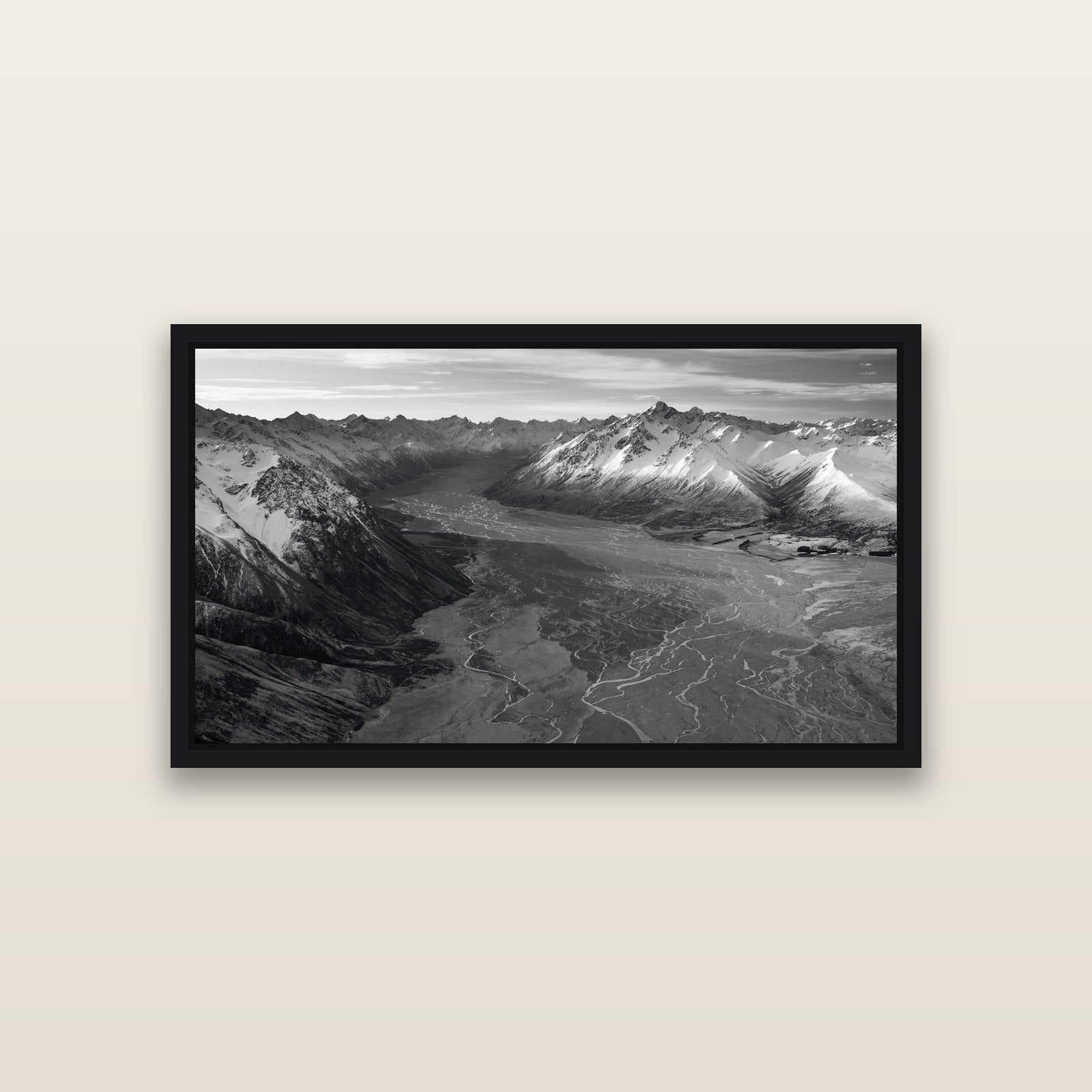 Majestic Solitude, Godley Valley's Embrace — Black framed metallic canvas print, small 81 × 46 cm. New Zealand fine art landscape wall art by Stephen Milner.