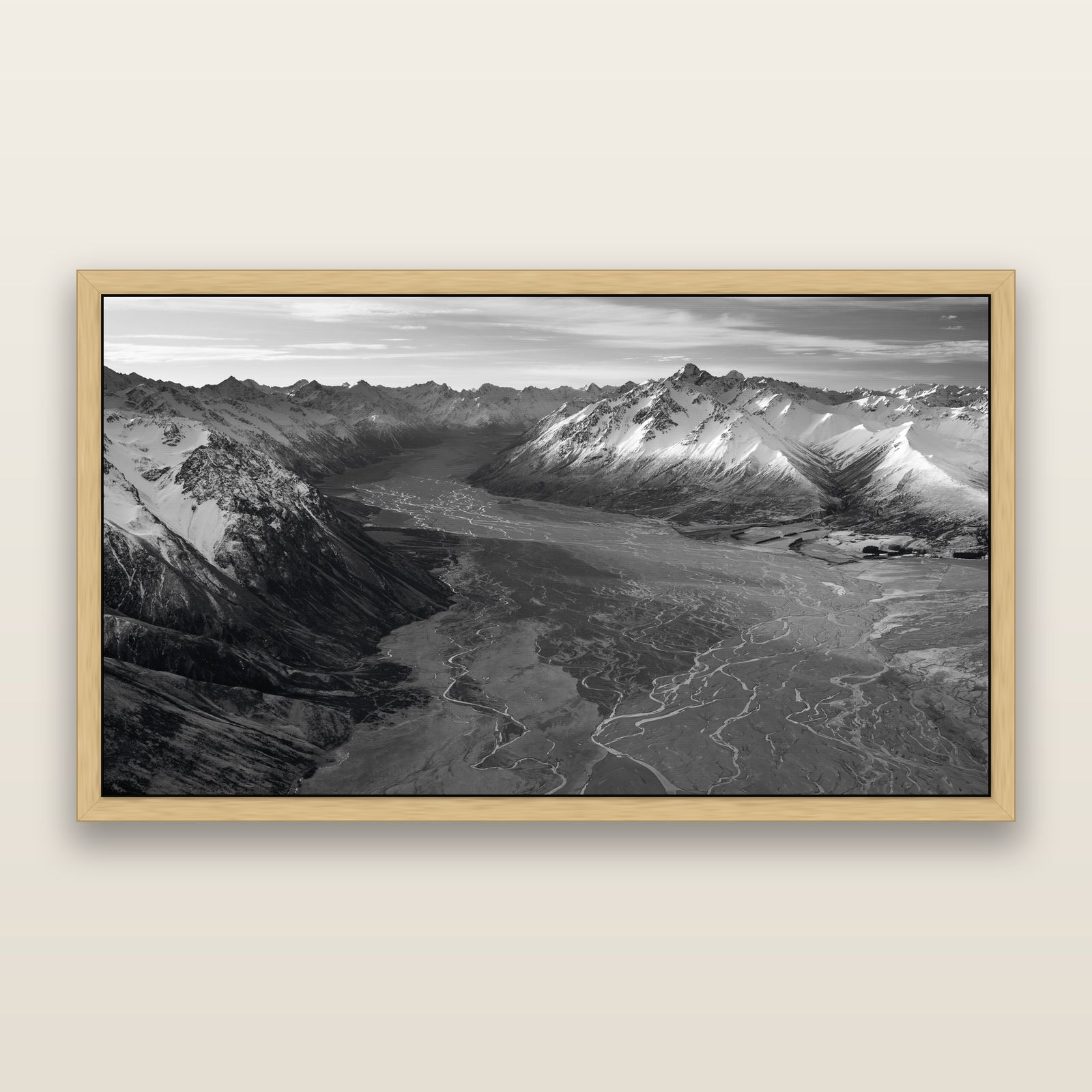 Majestic Solitude, Godley Valley's Embrace, black and white framed metallic canvas print, Natural frame. New Zealand fine art wall art by Stephen Milner.