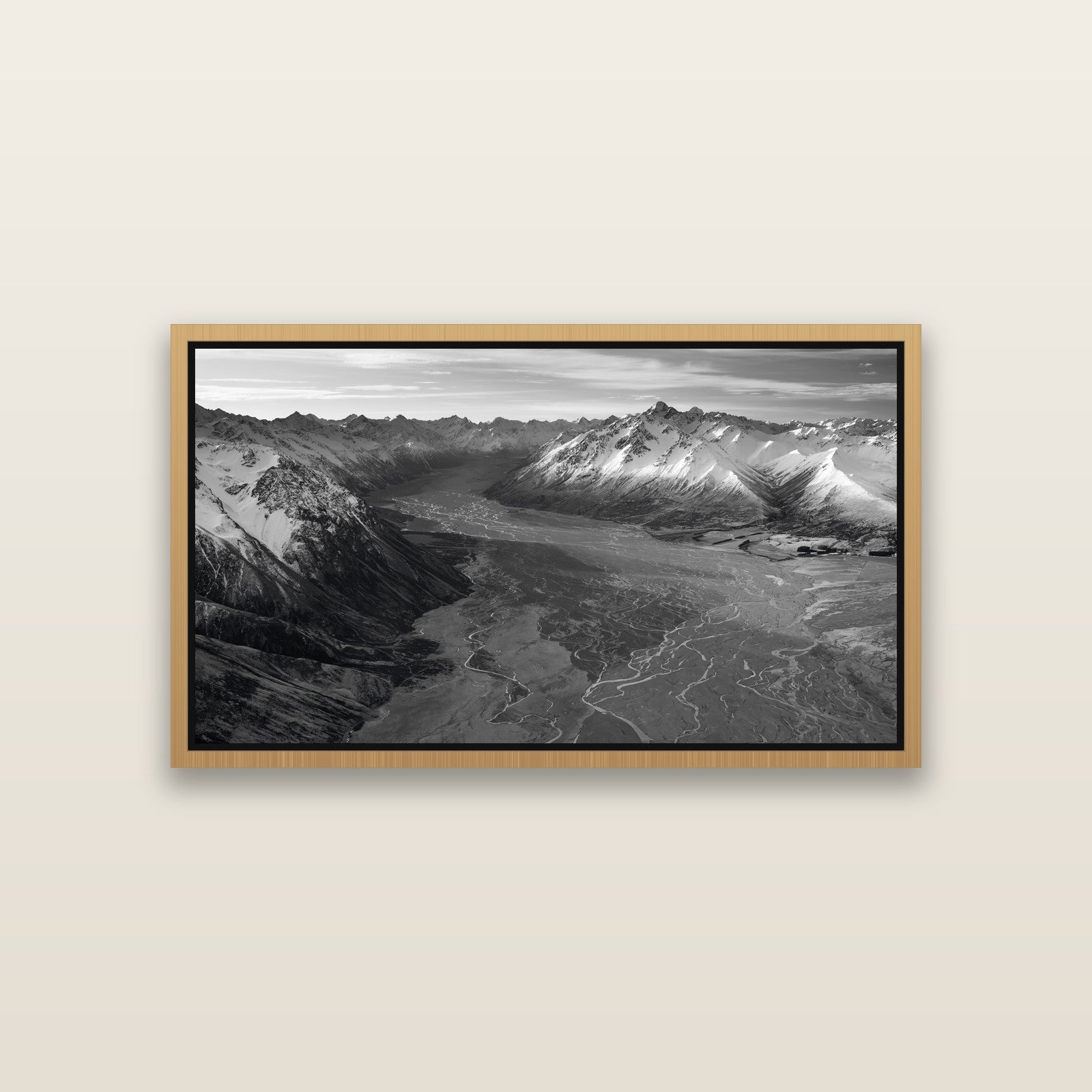 Majestic Solitude, Godley Valley's Embrace — Natural framed metallic canvas print, small 81 × 46 cm. New Zealand fine art landscape wall art by Stephen Milner.