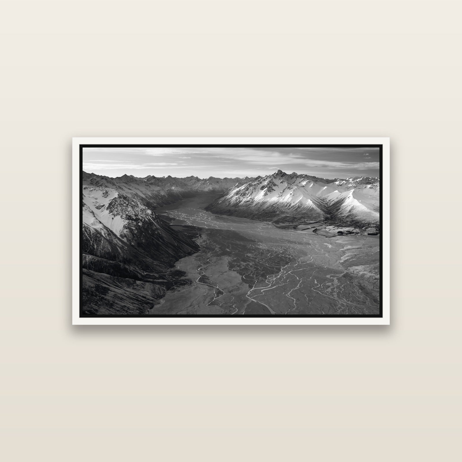 Majestic Solitude, Godley Valley's Embrace — White framed metallic canvas print, small 81 × 46 cm. New Zealand fine art landscape wall art by Stephen Milner.