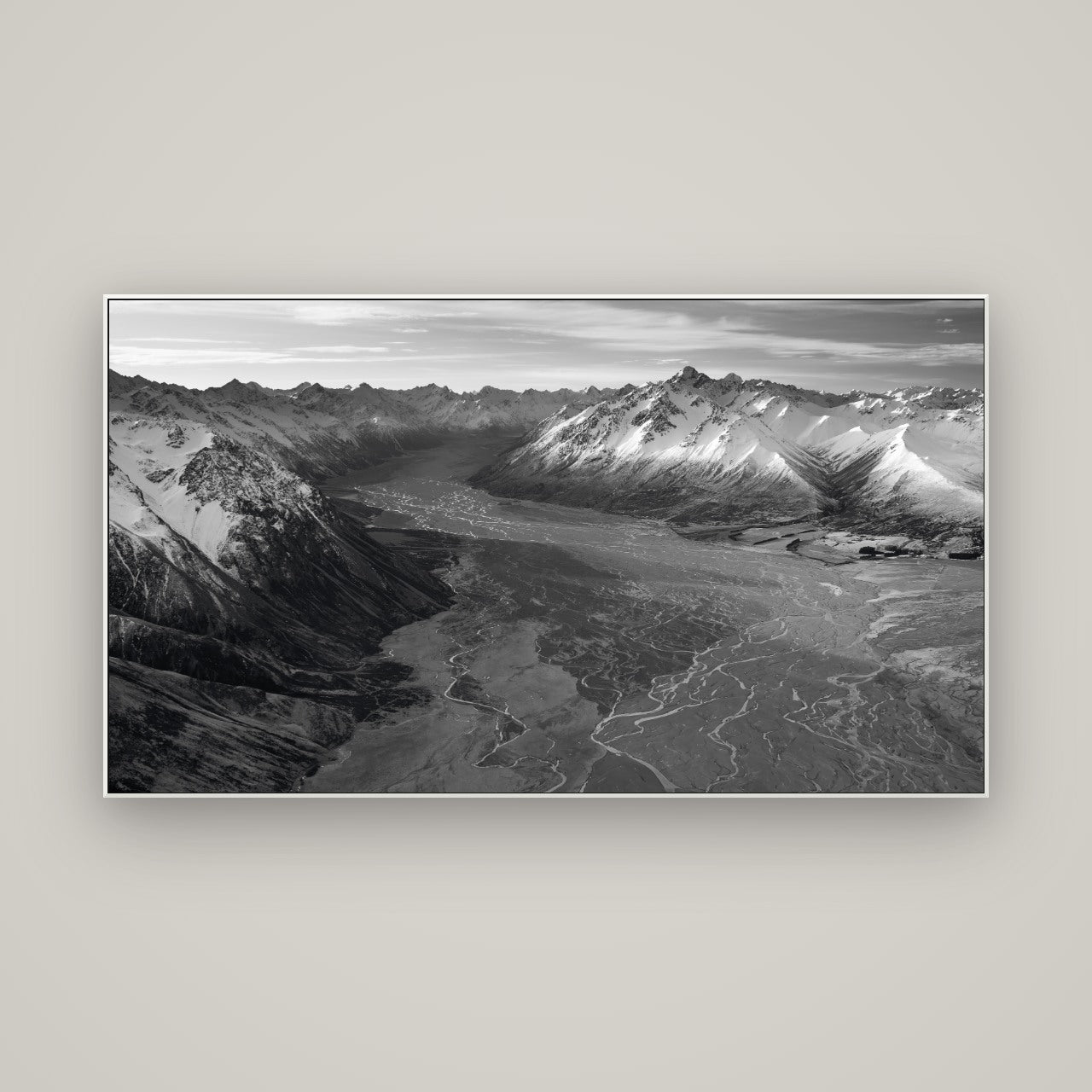 Majestic Solitude, Godley Valley's Embrace — ArtBox White, 160×90 cm. New Zealand fine art wall art by Stephen Milner.