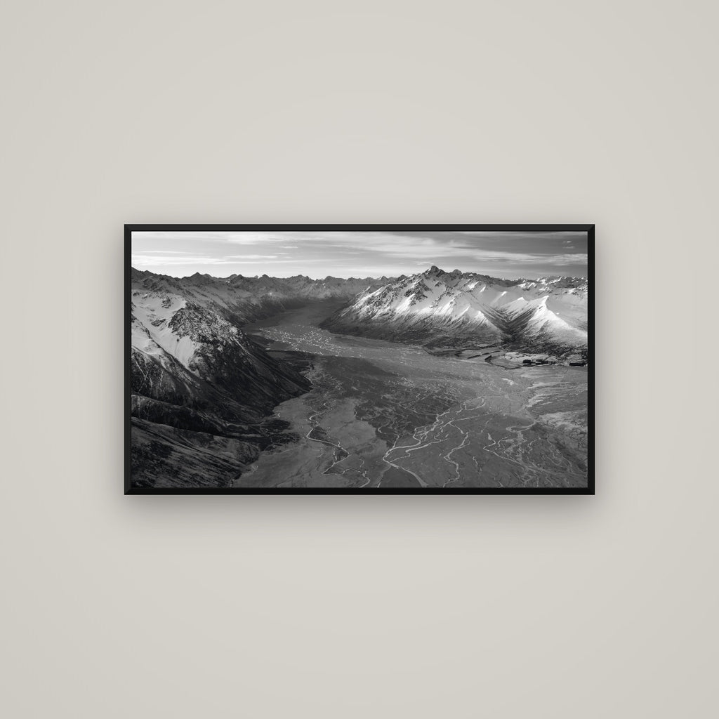 Majestic Solitude, Godley Valley's Embrace — Basel Black Matte, 107×60 cm. New Zealand fine art wall art by Stephen Milner.