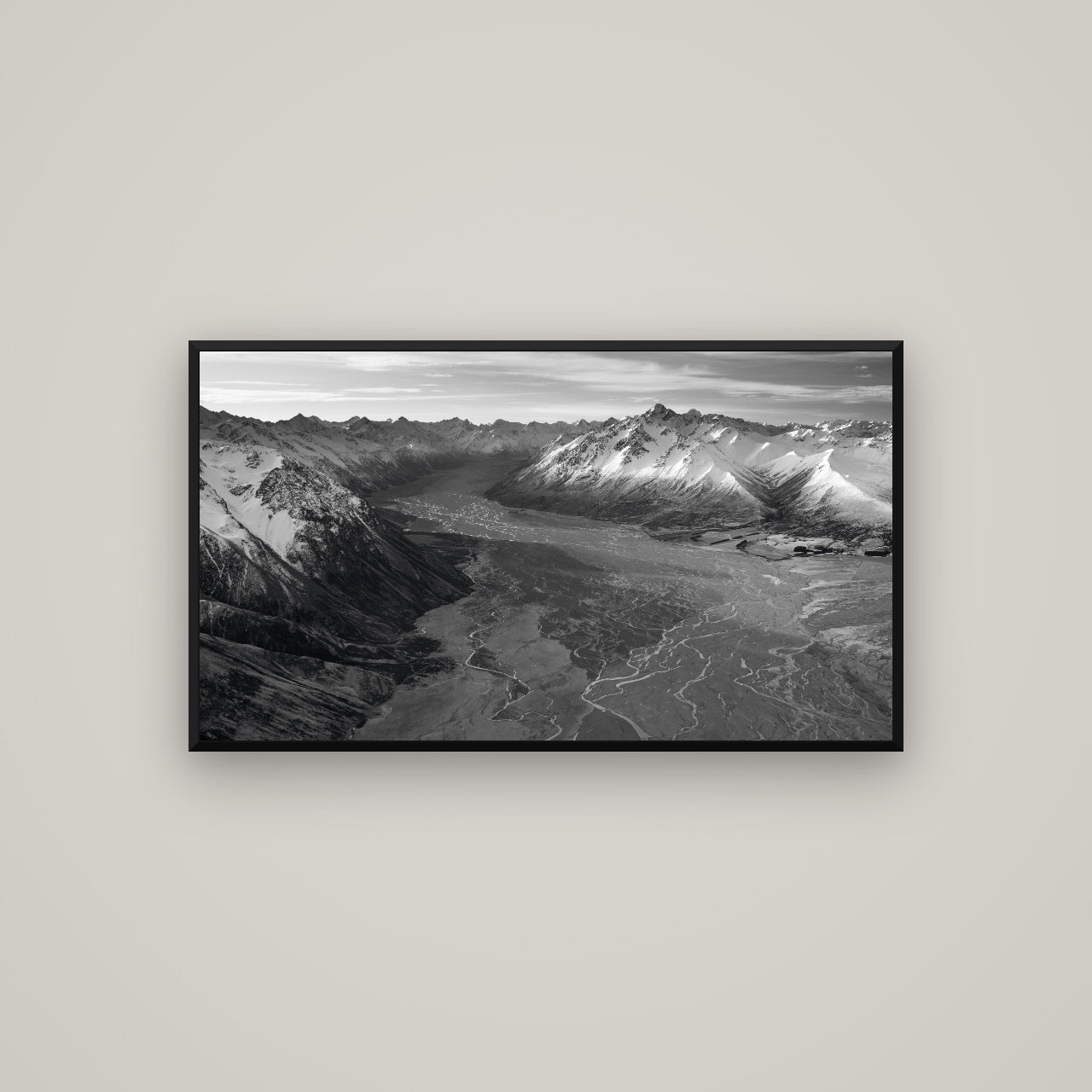Majestic Solitude, Godley Valley's Embrace — Basel Black, 107×60 cm. New Zealand fine art wall art by Stephen Milner.