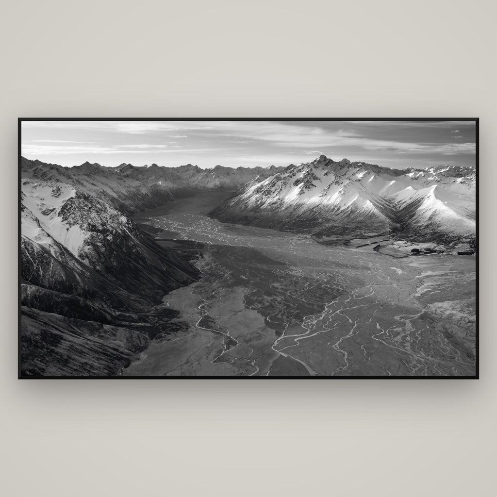 Majestic Solitude, Godley Valley's Embrace — Basel Black Matte, 196×110 cm. New Zealand fine art wall art by Stephen Milner.