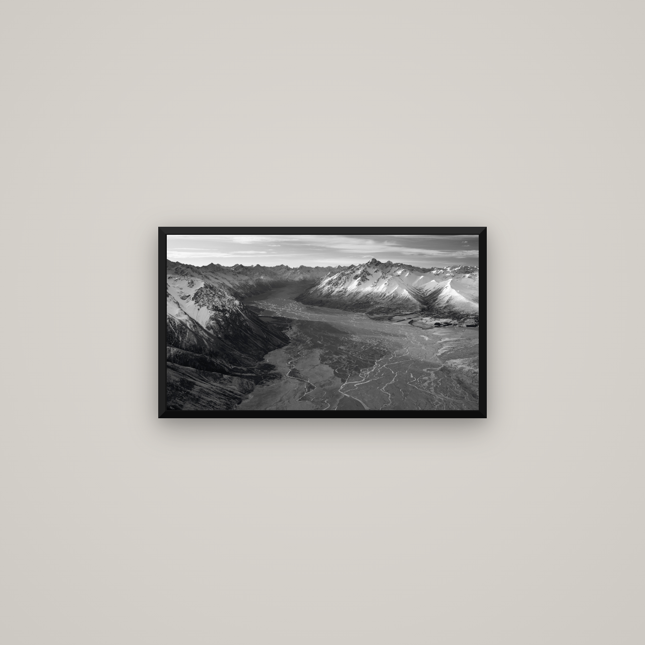 Majestic Solitude, Godley Valley's Embrace — Basel Black Matte, 64×36 cm. New Zealand fine art wall art by Stephen Milner.