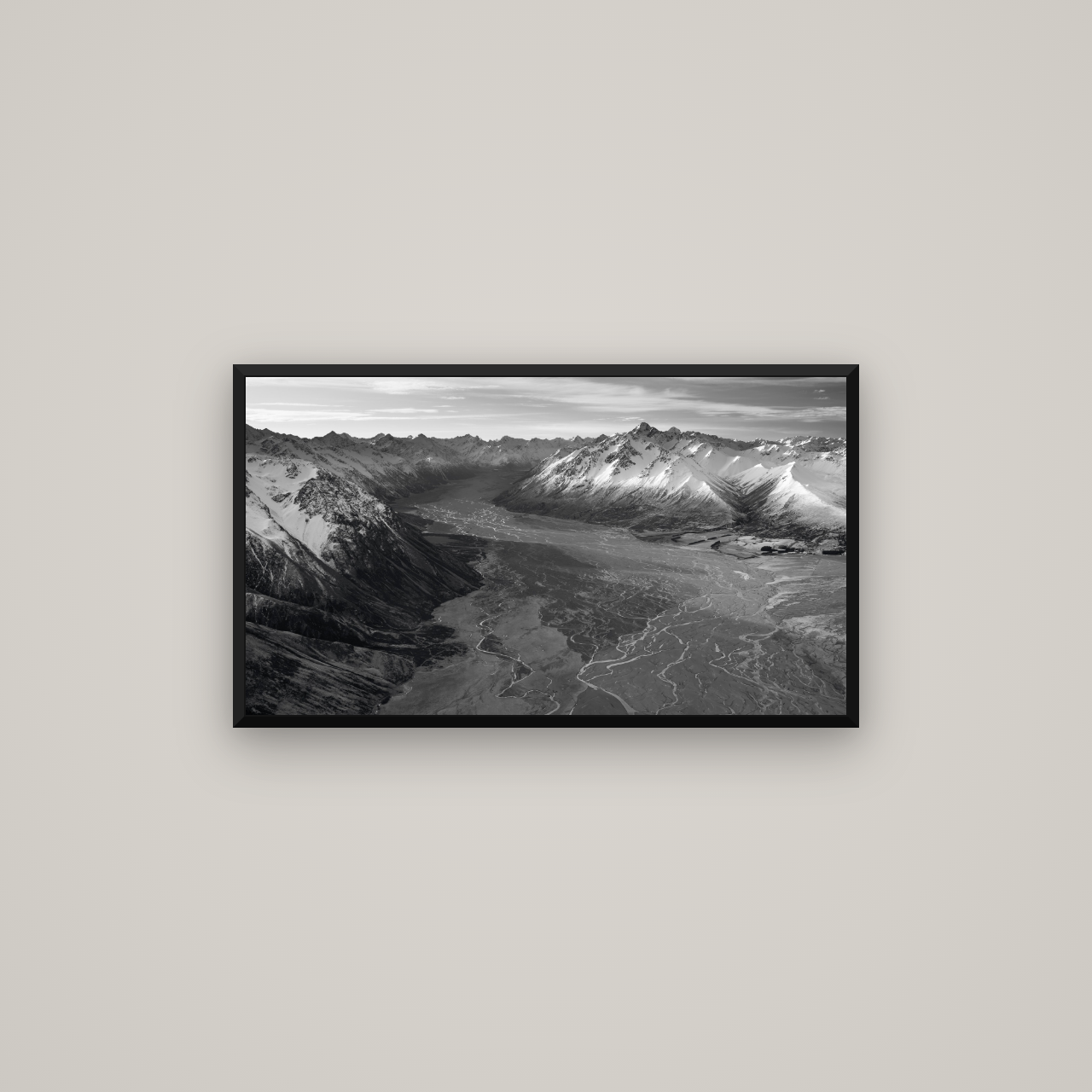 Majestic Solitude, Godley Valley's Embrace — Basel Black Matte, 80×45 cm. New Zealand fine art wall art by Stephen Milner.