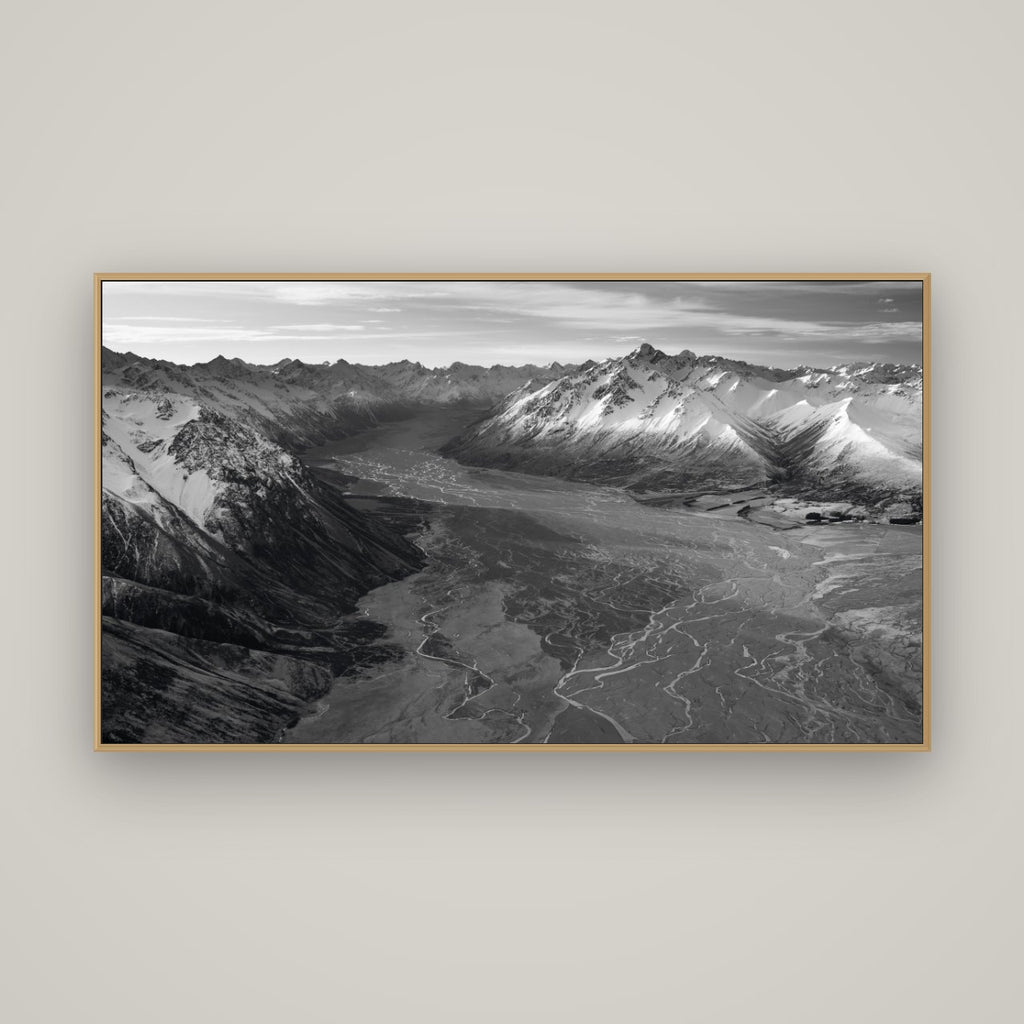 Majestic Solitude, Godley Valley's Embrace, Basel Natural Oak, 160×90 cm. New Zealand fine art wall art by Stephen Milner.