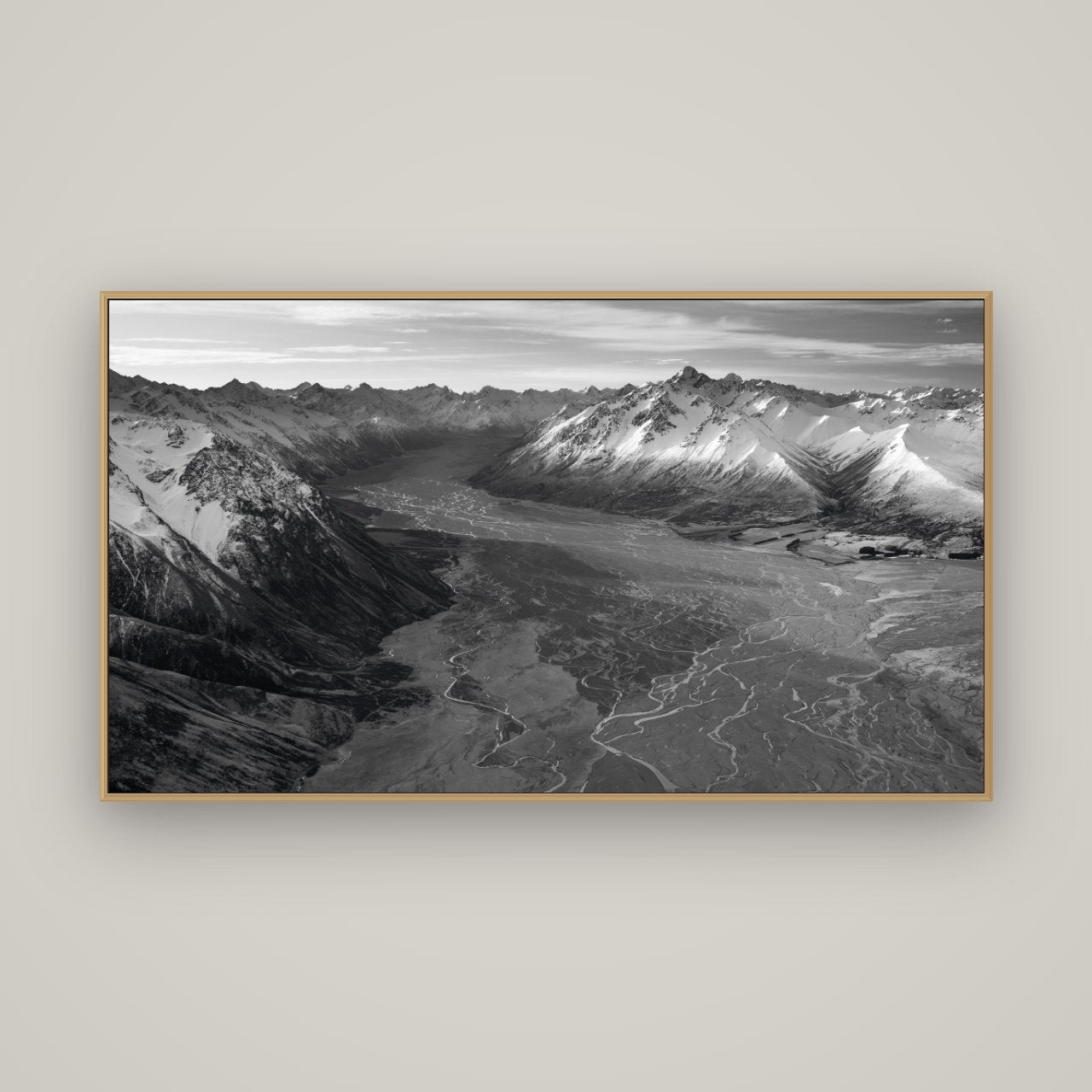 Majestic Solitude, Godley Valley's Embrace, Basel Natural Oak, 160×90 cm. New Zealand fine art wall art by Stephen Milner.