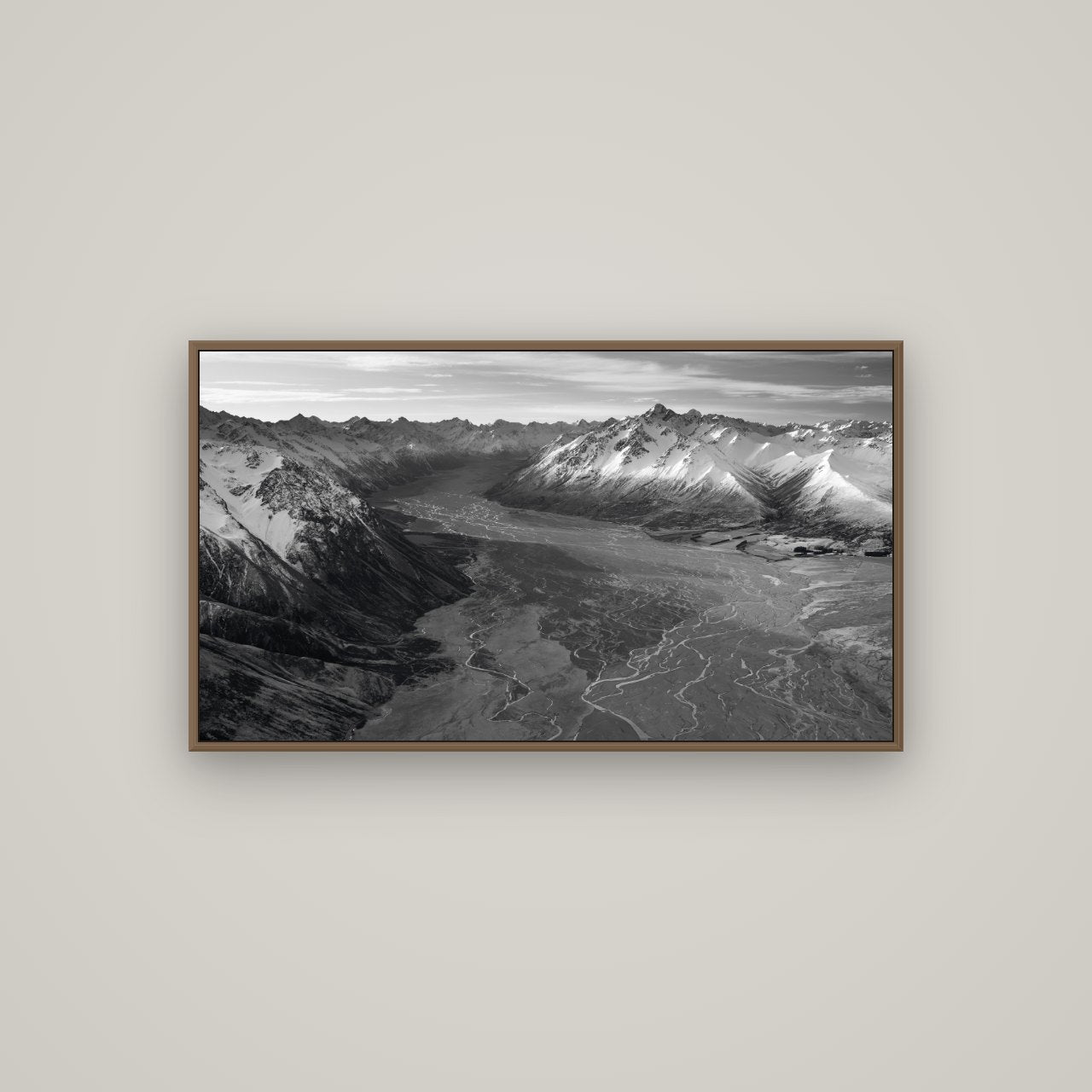 Majestic Solitude, Godley Valley's Embrace, Basel Walnut, 107×60 cm. New Zealand fine art wall art by Stephen Milner.
