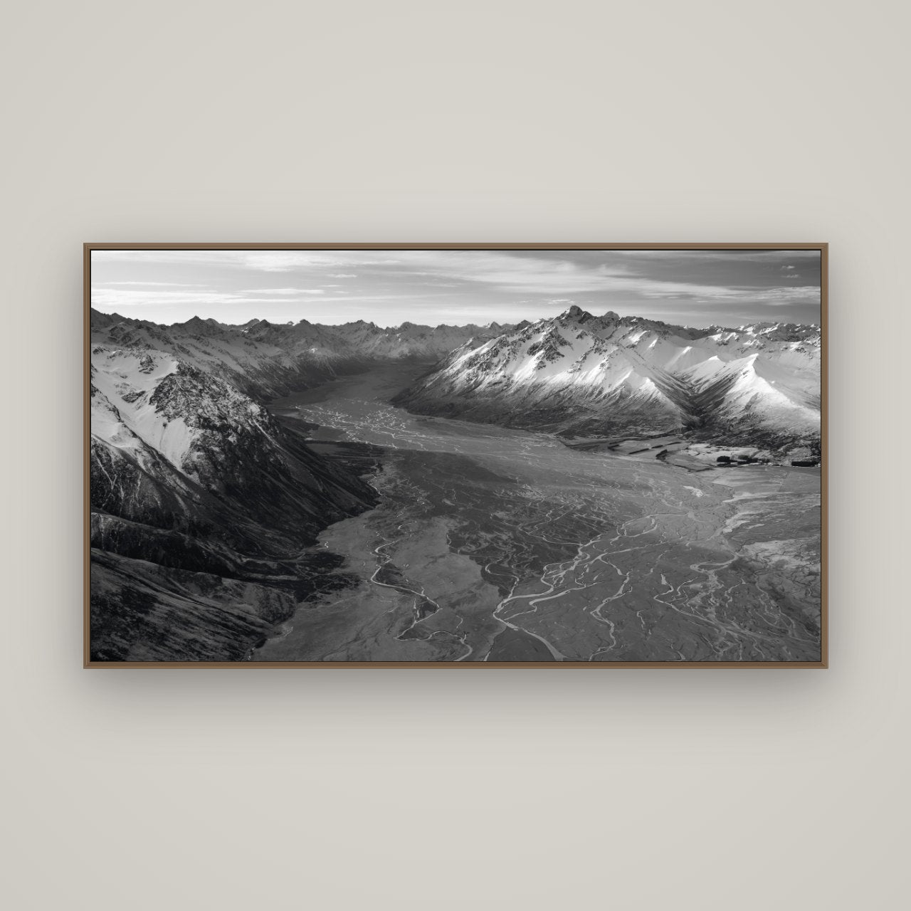 Majestic Solitude, Godley Valley's Embrace, Basel Walnut, 160×90 cm. New Zealand fine art wall art by Stephen Milner.