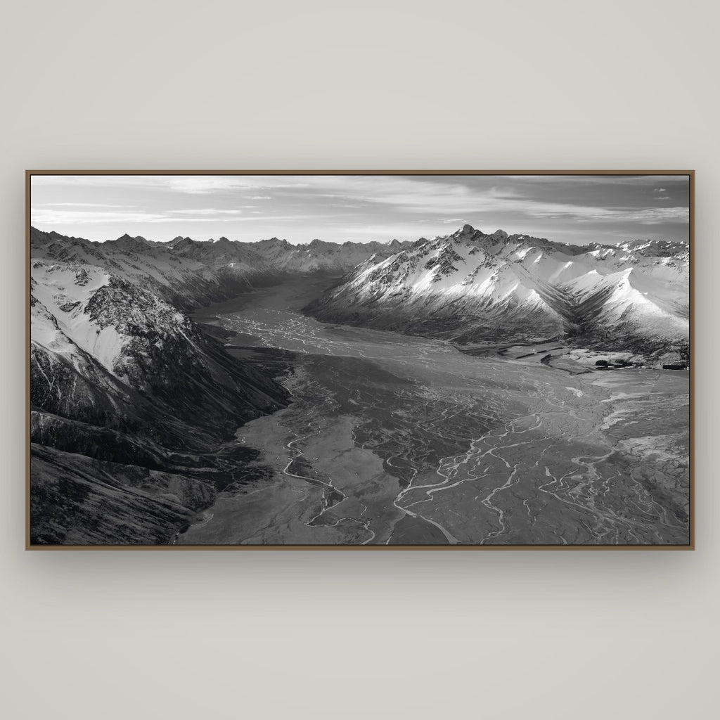 Majestic Solitude, Godley Valley's Embrace, Basel Walnut, 196×110 cm. New Zealand fine art wall art by Stephen Milner.