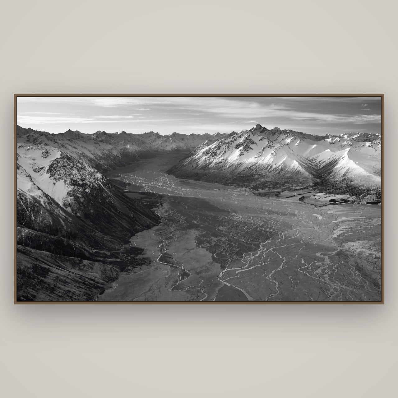 Majestic Solitude, Godley Valley's Embrace, Basel Walnut, 196×110 cm. New Zealand fine art wall art by Stephen Milner.