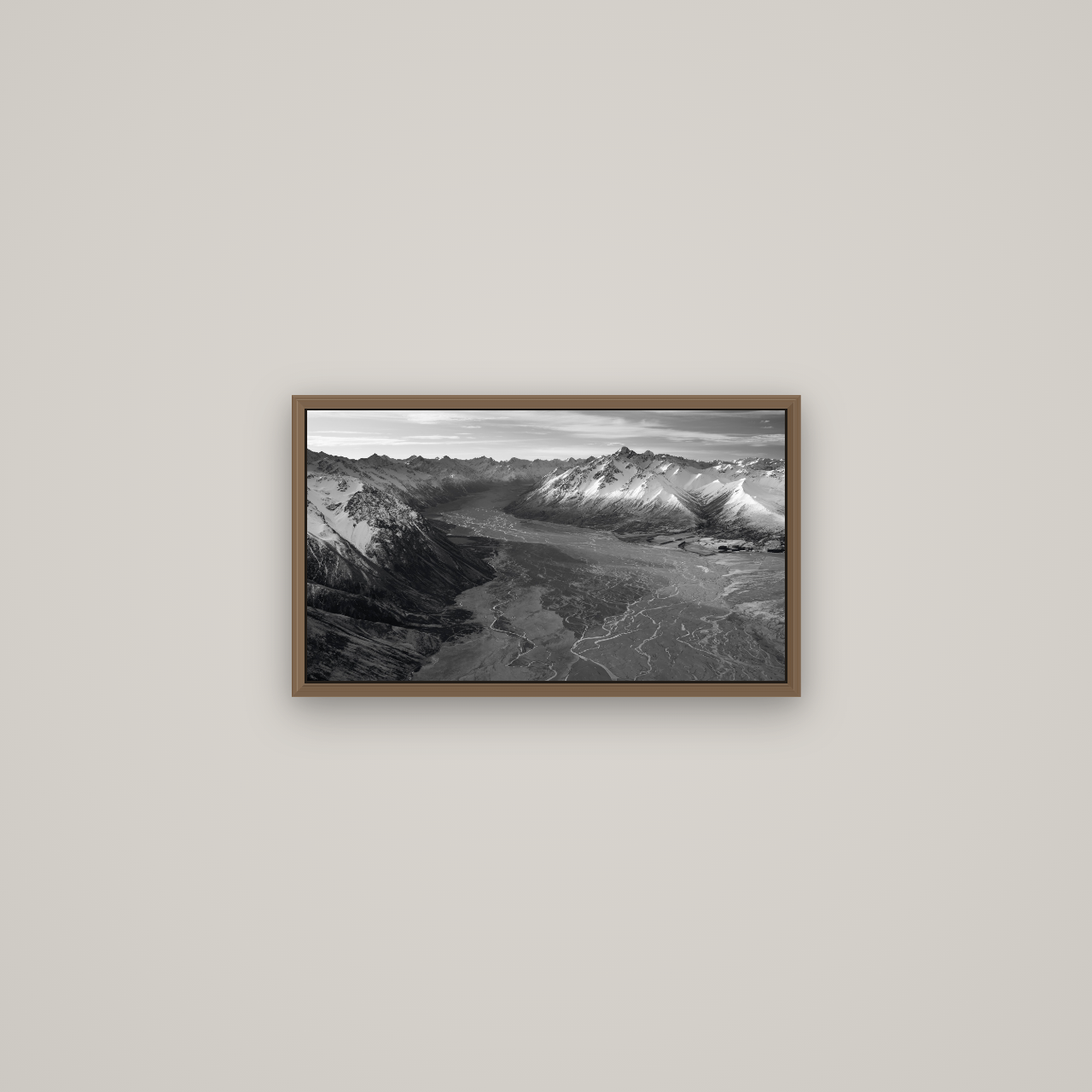 Majestic Solitude, Godley Valley's Embrace, Basel Walnut, 53×30 cm. New Zealand fine art wall art by Stephen Milner.