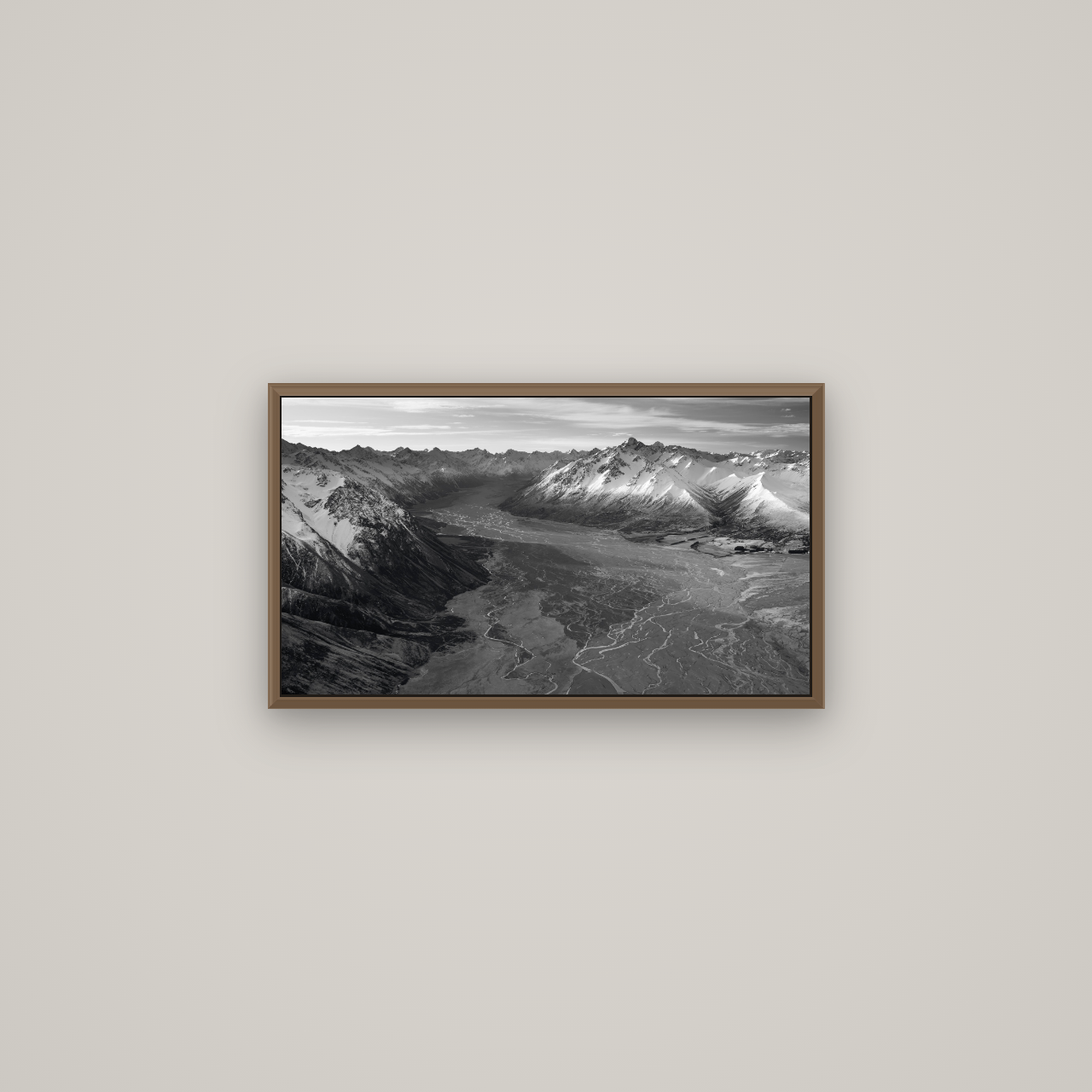 Majestic Solitude, Godley Valley's Embrace, Basel Walnut, 64×36 cm. New Zealand fine art wall art by Stephen Milner.