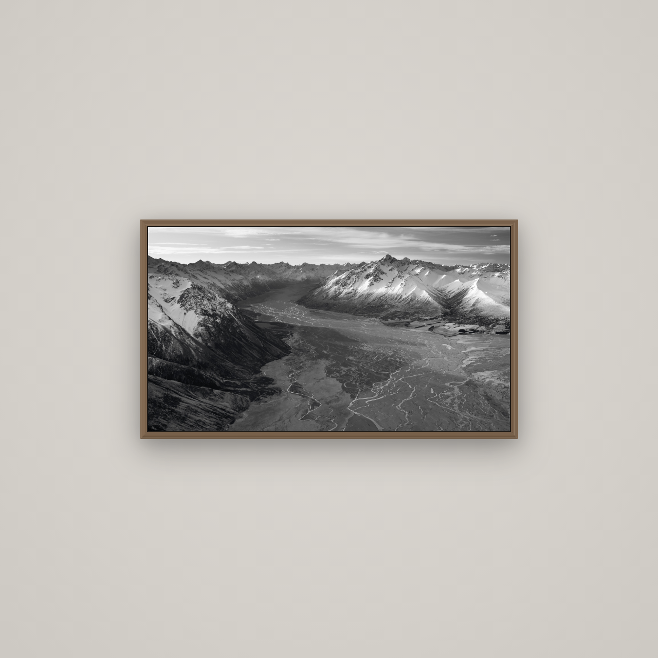 Majestic Solitude, Godley Valley's Embrace, Basel Walnut, 80×45 cm. New Zealand fine art wall art by Stephen Milner.