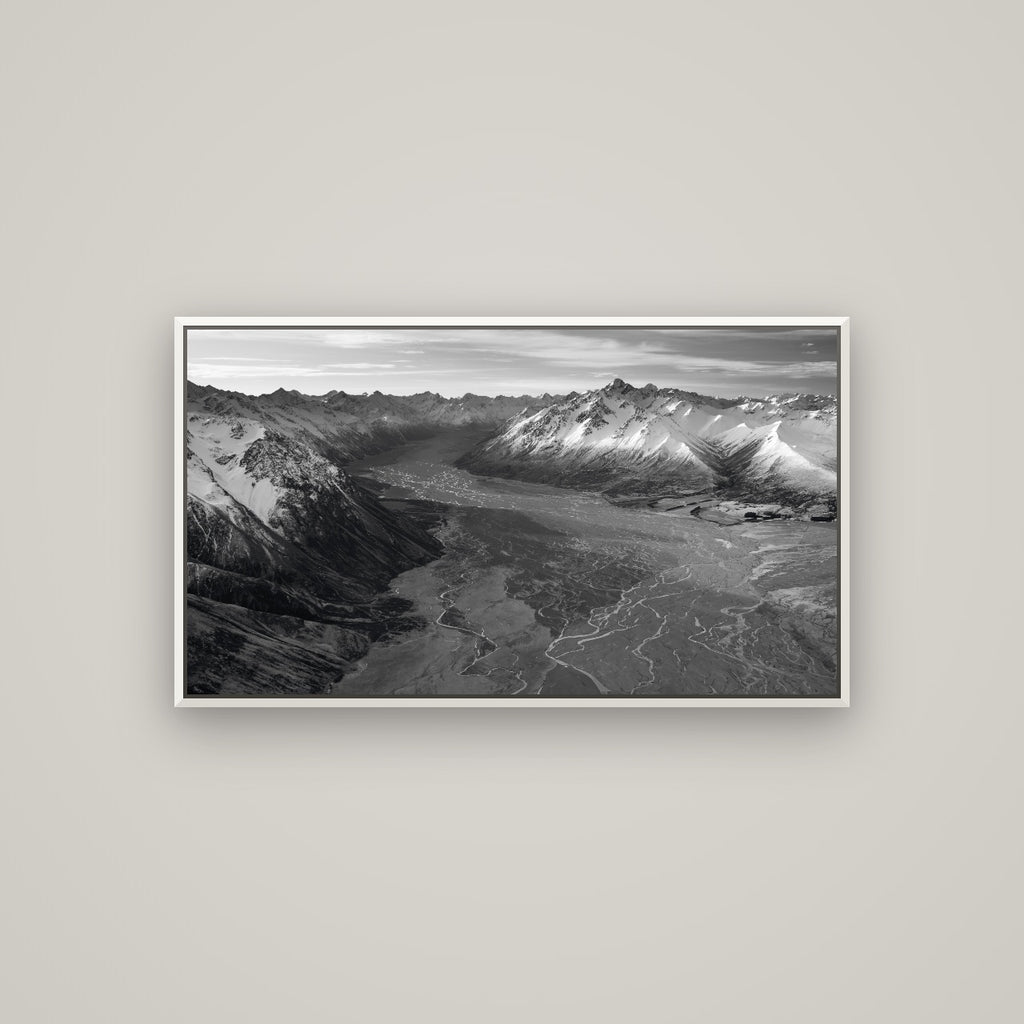 Majestic Solitude, Godley Valley's Embrace — Basel White, 107×60 cm. New Zealand fine art wall art by Stephen Milner.