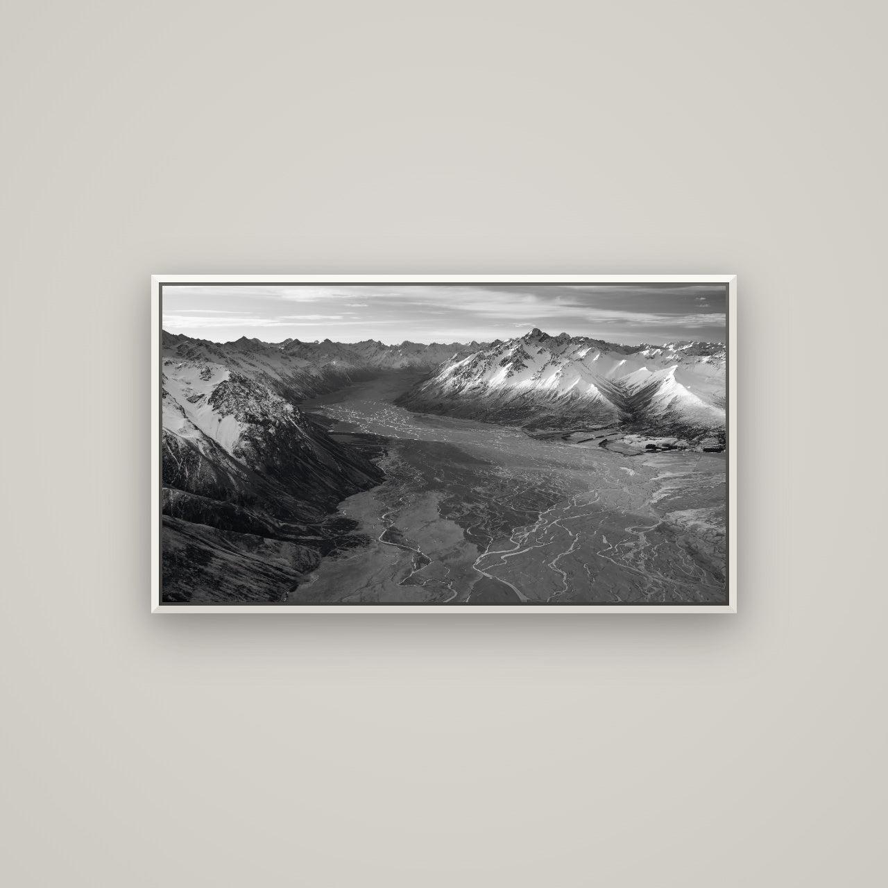 Majestic Solitude, Godley Valley's Embrace — Basel White, 107×60 cm. New Zealand fine art wall art by Stephen Milner.